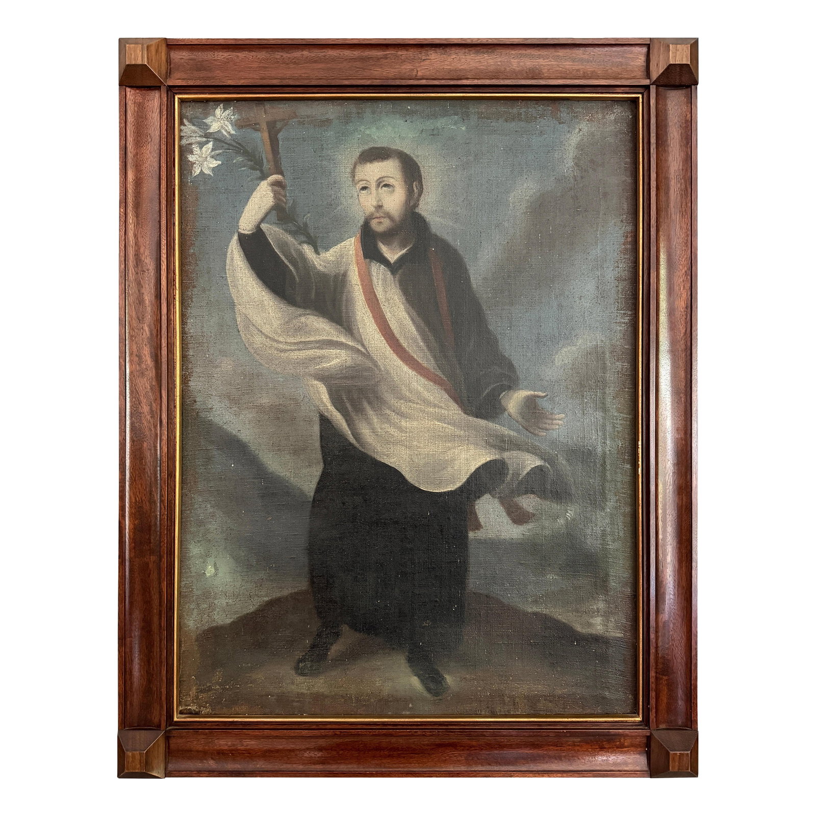 18th Century Spanish Colonial Saint Aloysius Gonzaga Painting: 18th Century Spanish Colonial Saint Aloysius Gonzaga Painting This exquisite 18th-century Spanish Colonial painting depicts Saint Aloysius Gonzaga (San Luis Gonzaga), possibly dated 1760. The young sa