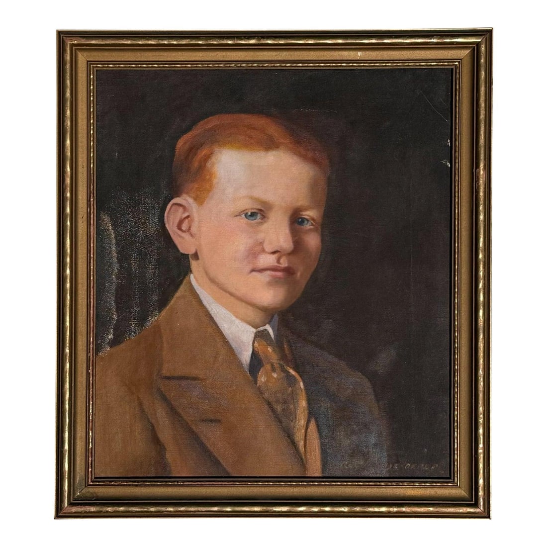 Mid-Century Oil Canvas Portrait Framed Young Boy in Brown Suit: Mid-Century Oil Canvas Portrait Framed Young Boy in Brown Suit This vintage oil on canvas portrait features a young boy with ginger hair and blue eyes, set against a dark, moody background. The subjec