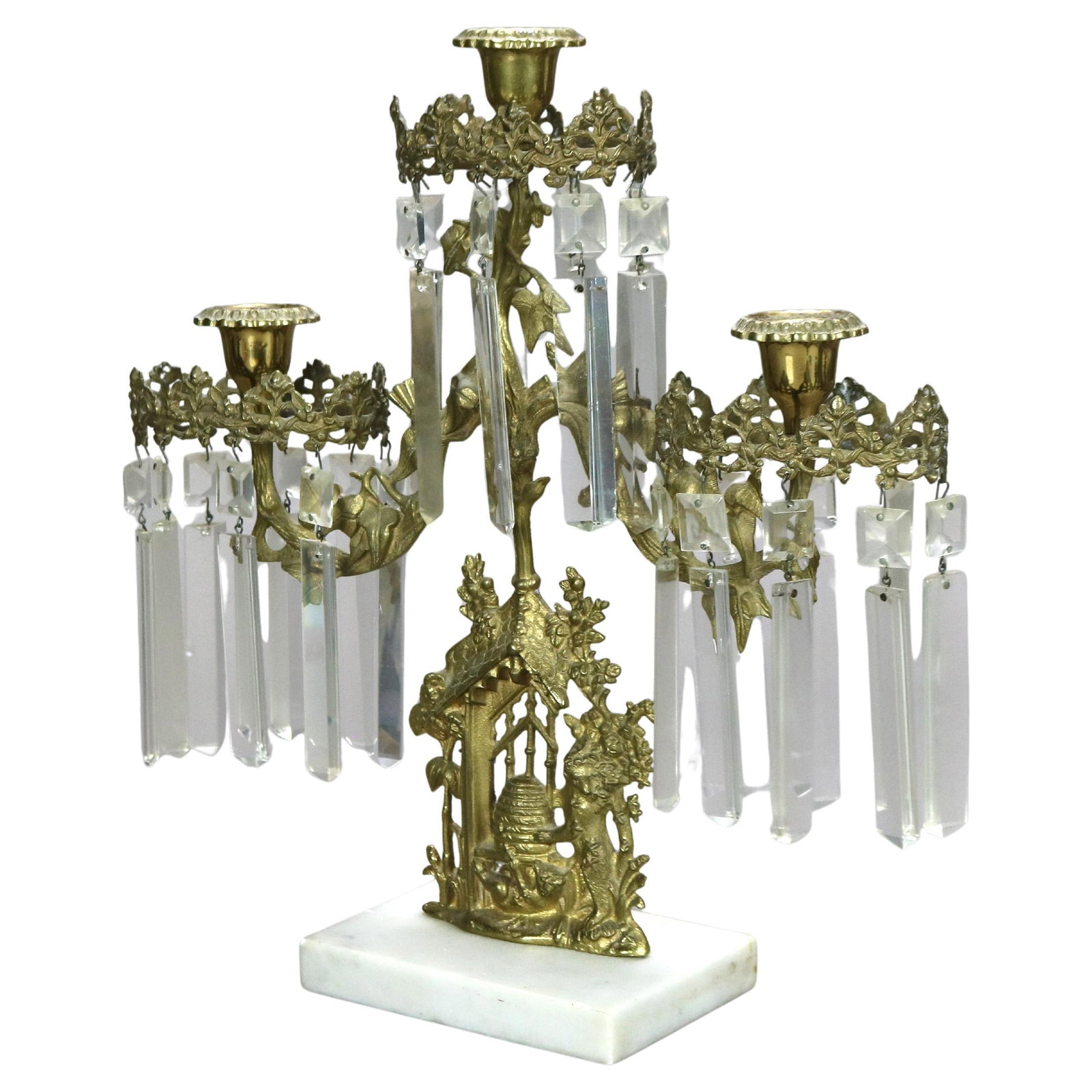 C1890 Antique Brass Crystal Marble Girandole Candelabra Beehive Bear: C1890 Antique Brass Crystal Marble Girandole Candelabra Beehive Bear This exquisite antique girandole candelabra dates back to circa 1890, showcasing a stunning combination of brass, crystal, and marb