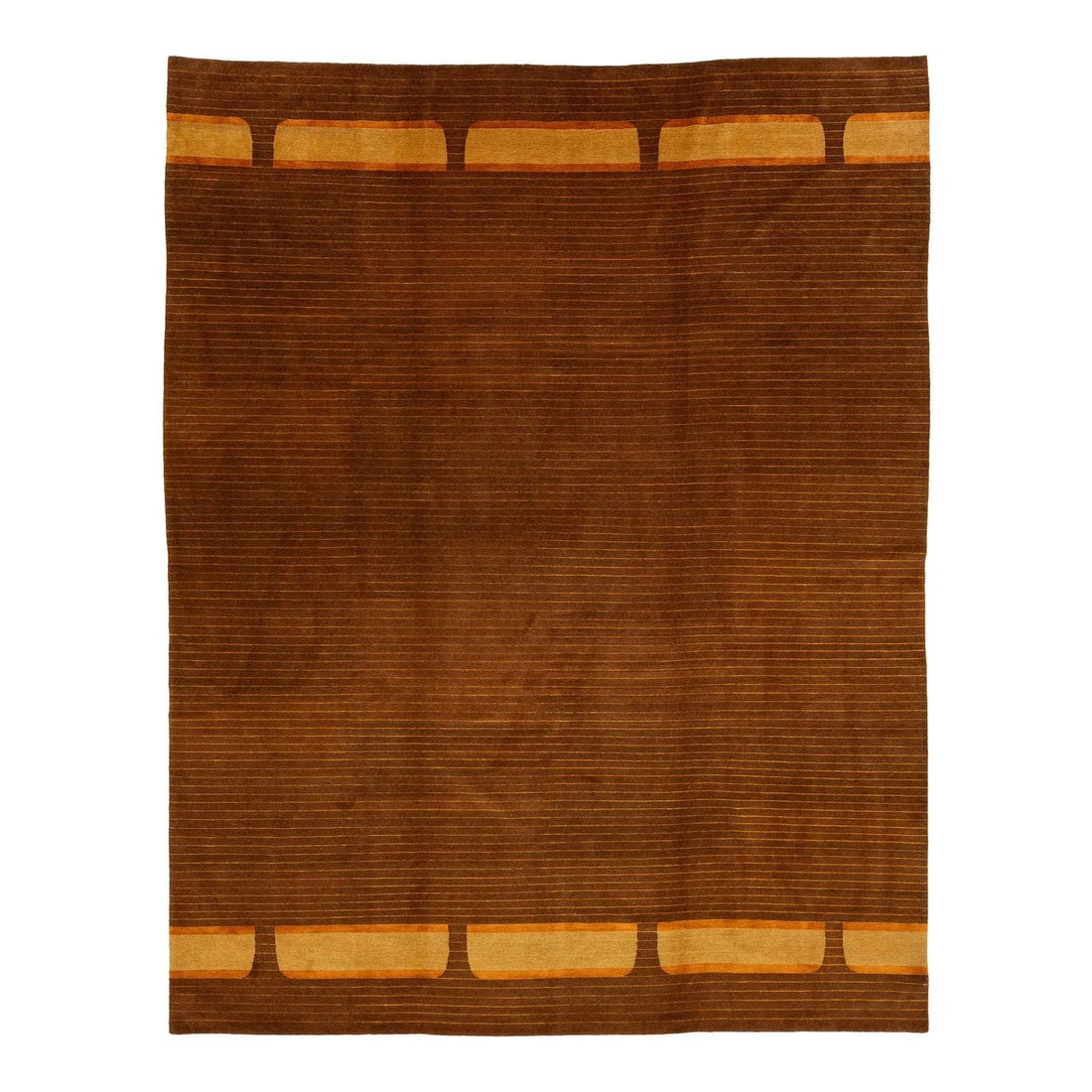 Art Deco Design Tibetan Wool Rug 10' x 12'10': Art Deco Design Tibetan Wool Rug 10' x 12'10' Enhance your space with this contemporary Tibetan rug that beautifully showcases a striking Art Deco design. The vibrant golden and orange hues contrast e