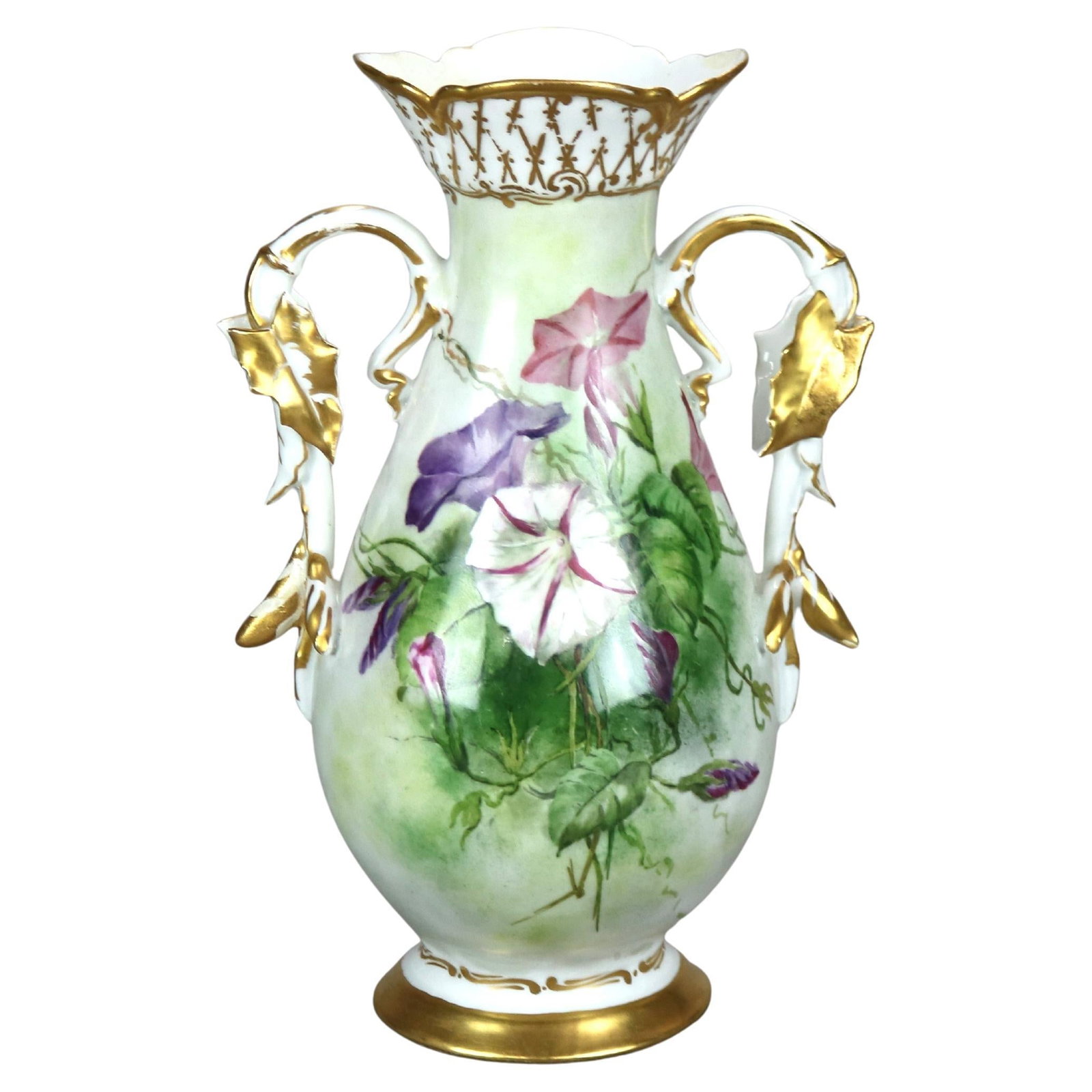 Antique Limoges Hand Painted Floral Gilt Vase c1890: Antique Limoges Hand Painted Floral Gilt Vase c1890 This exquisite antique French Limoges vase, dating back to c1890, beautifully showcases the artistry of the late 19th century. The vase is hand-pain