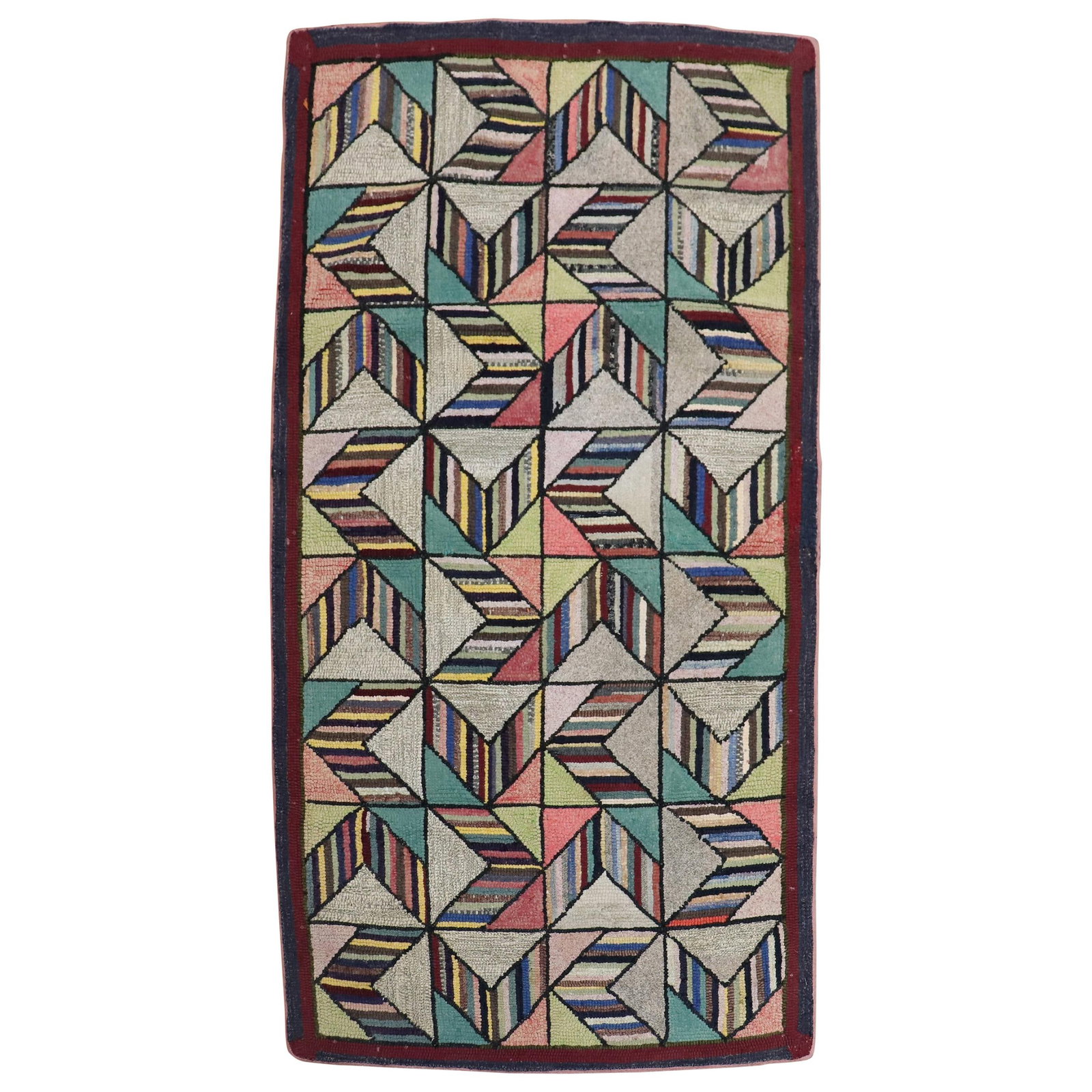 2'4" x 4'3" American Hand-Hooked Geometric Wool and Jute Scatter Rug: 2'4" x 4'3" American Hand-Hooked Geometric Wool and Jute Scatter Rug Enhance your space with this stunning Dazzling Geometric American Hooked Scatter Rug. This handmade decorative rug features a capti