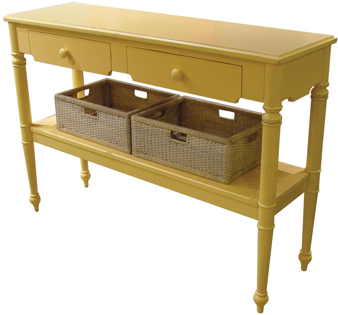 Trade Winds Provence Transitional Yellow Mahogany Console Table: Trade Winds Provence Transitional Yellow Mahogany Console Table This elegant Transitional Yellow Mahogany Console Table is designed to enhance any room with its charming vintage style. Crafted with a 