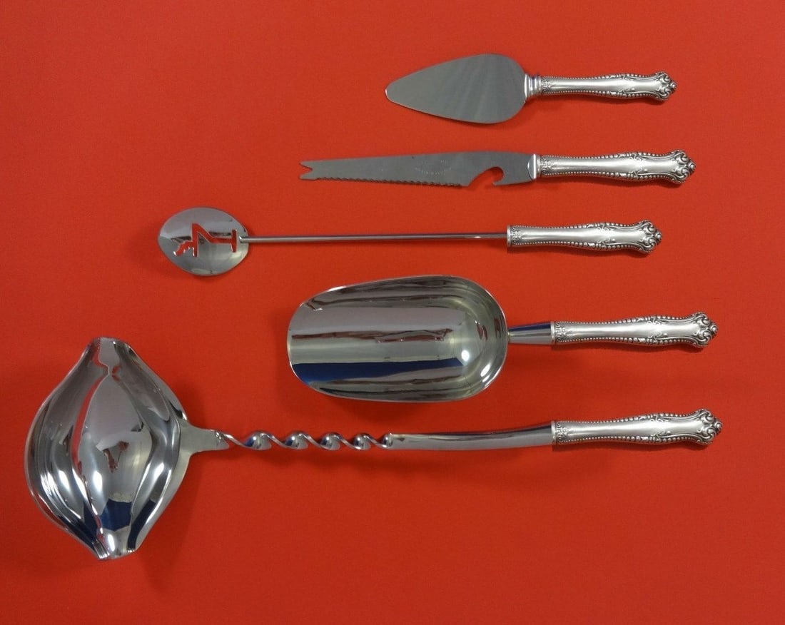 Towle Canterbury Sterling Silver 5pc Cocktail Serving Set: Towle Canterbury Sterling Silver 5pc Cocktail Serving Set Elevate your cocktail parties with this exquisite 5-piece Canterbury Hostess Set by Towle, crafted in sterling silver. This custom-made servin
