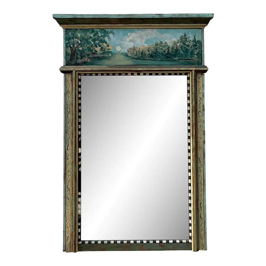 Vintage Hand Painted Regency Mirror with Landscape Design: Vintage Hand Painted Regency Mirror with Landscape Design Elevate your interior decor with this stunning Vintage Regency Artisan Hand Painted Mirror. This extraordinary piece features a substantial fr