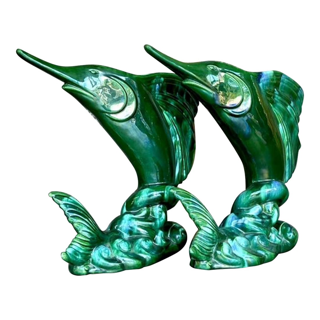 Coastal Vintage Royal Haeger Glazed Ceramic Marlin Vase Pair: Coastal Vintage Royal Haeger Glazed Ceramic Marlin Vase Pair Elevate your decor with this Vintage Coastal Royal Haeger Glazed Ceramic Marlin Vase, designed to bring a touch of nautical elegance to you
