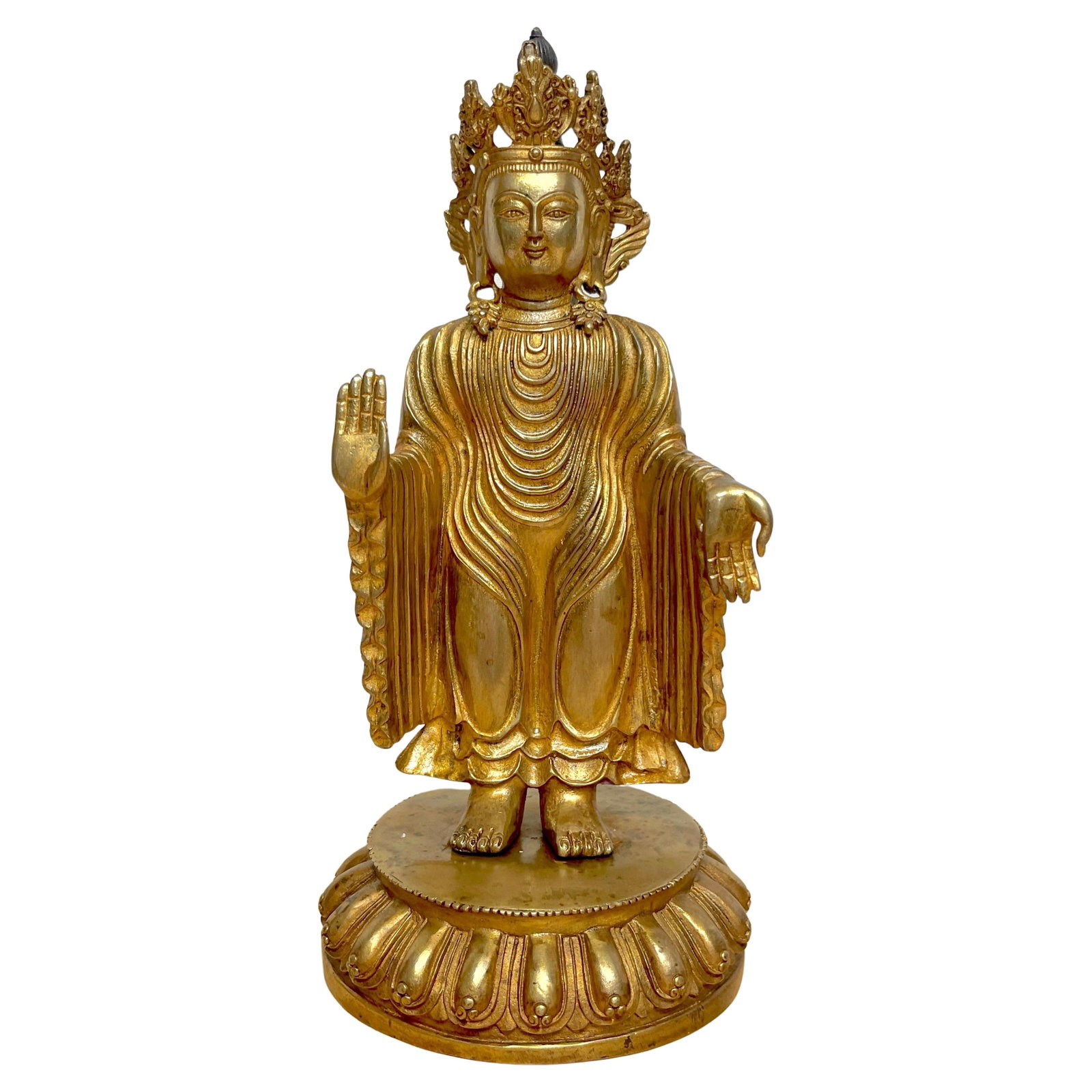 20th Century Tibetan Gilt Bronze Buddha Statue Offering Protection: 20th Century Tibetan Gilt Bronze Buddha Statue Offering Protection This exquisite Tibetan bronze standing gilt Buddha offers both beauty and spiritual significance. Crafted in China during the 20th ce