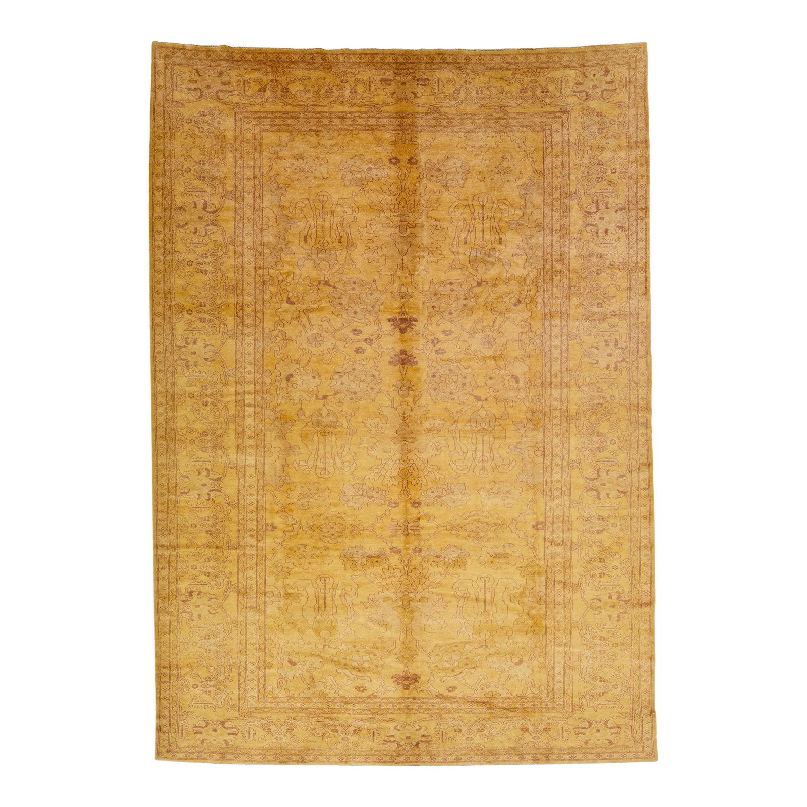 Vintage Hand-Knotted Indian Wool Rug 9' x 13' Floral Goldenrod: Vintage Hand-Knotted Indian Wool Rug 9' x 13' Floral Goldenrod This exquisite hand-knotted wool rug features a stunning vintage Indian design, showcasing a goldenrod color field beautifully complement