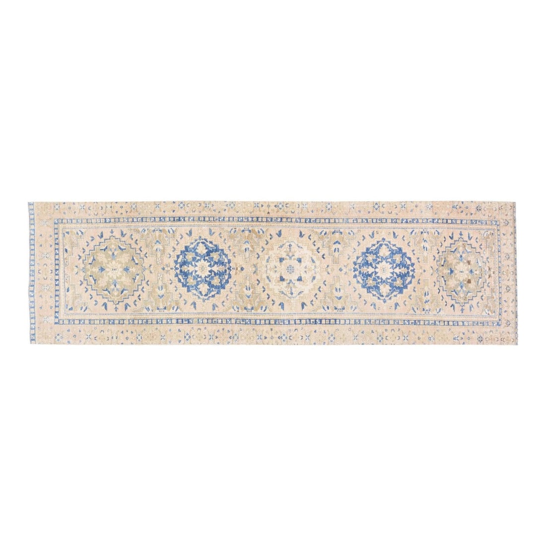 Hand-Knotted Wool Turkish Rug in Tan 3'5 x 11'2 Vintage: Hand-Knotted Wool Turkish Rug in Tan 3'5 x 11'2 Vintage This vintage Turkish hand-knotted wool rug showcases traditional craftsmanship combined with a modern design sensibility. Crafted from soft, dur