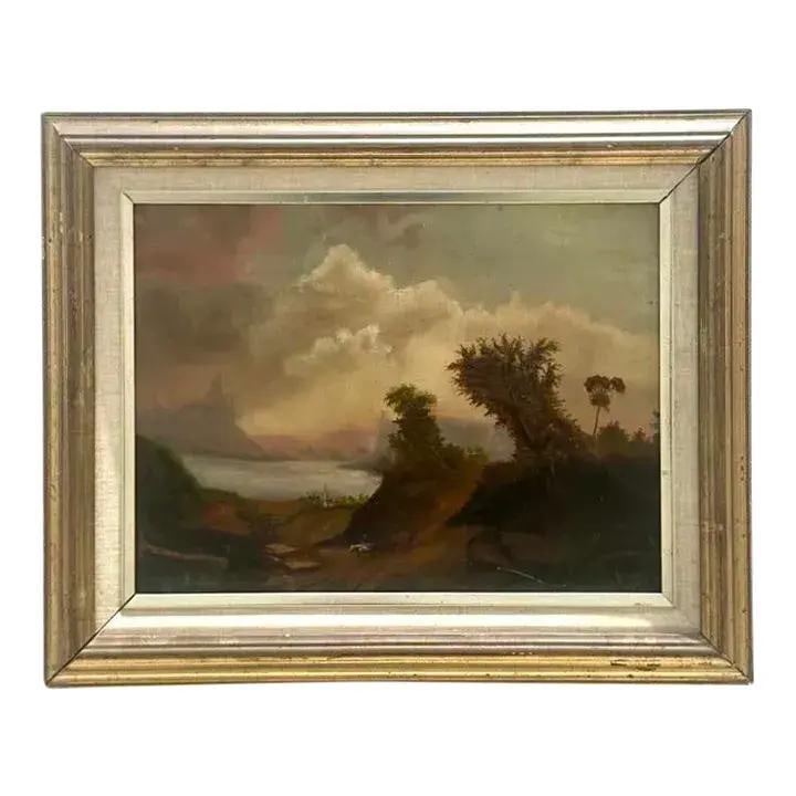 Swiss Lake Scenic Oil Painting on Board in Rustic Bohemian Style: Swiss Lake Scenic Oil Painting on Board in Rustic Bohemian Style This vintage boho landscape oil painting features a serene depiction of a Swiss lake, surrounded by rolling hills and misty mountains. 