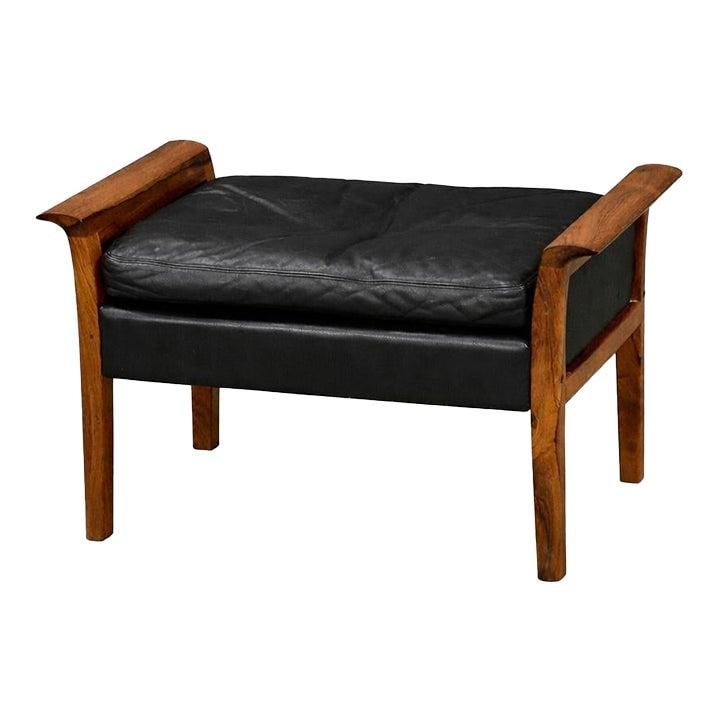 Mid Century Black Leather Ottoman with Rosewood Arms by Knut Saeter (1 of 7)