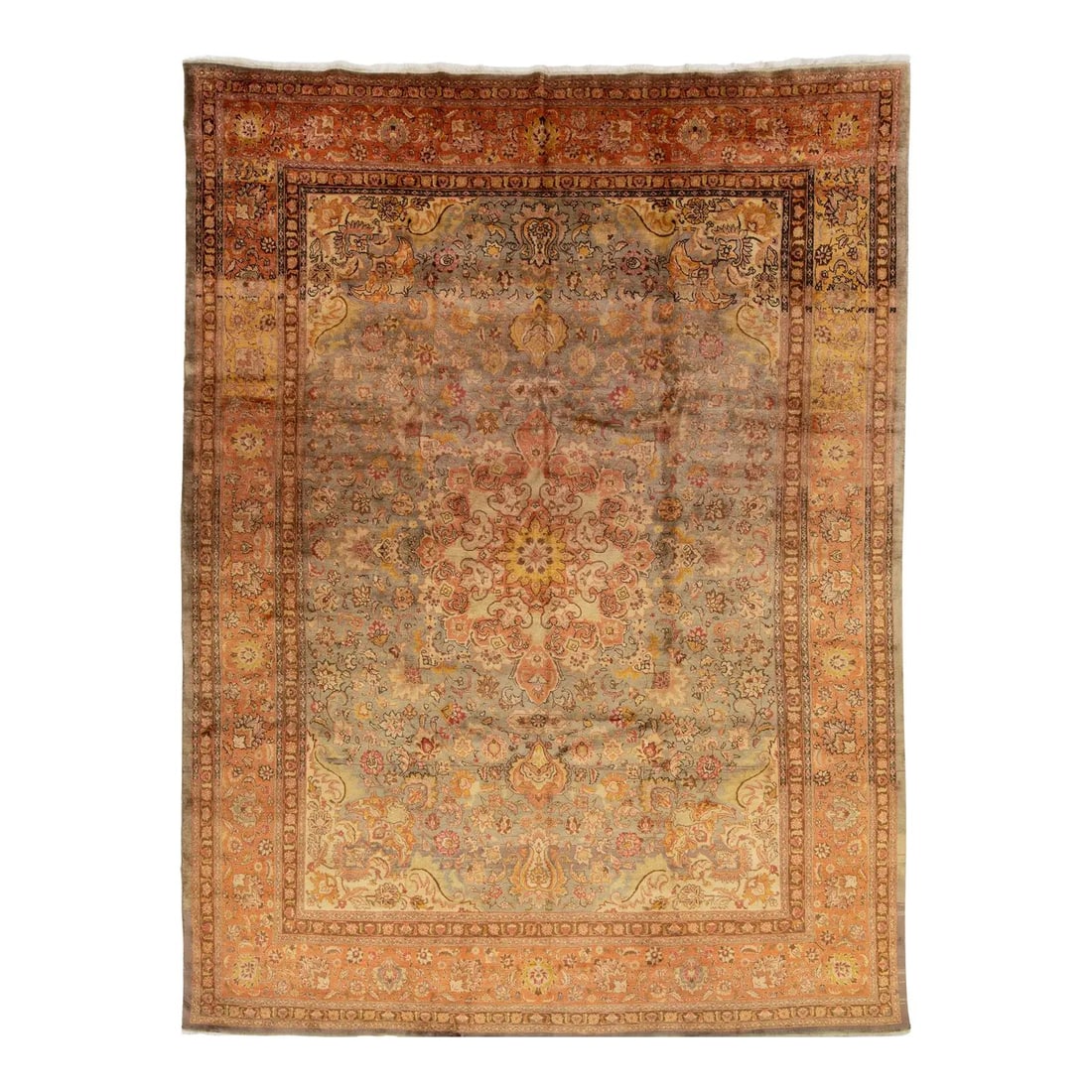 Vintage Persian Tabriz 9'6 x 12'7 Hand-Knotted Silk Wool Rug Gray Peach Medallion: Vintage Persian Tabriz 9'6 x 12'7 Hand-Knotted Silk Wool Rug Gray Peach Medallion This exquisite Vintage Persian Tabriz rug combines the luxurious textures of silk and wool, showcasing a sophisticated