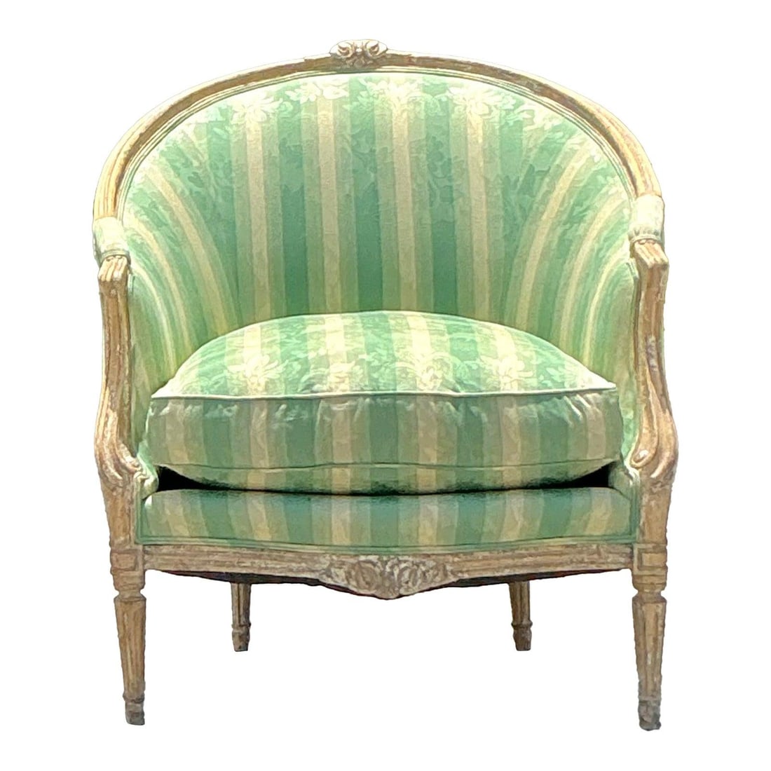 Vintage Louis XVI Painted Bergere Chair with Green Striped Upholstery: Vintage Louis XVI Painted Bergere Chair with Green Striped Upholstery Discover the elegance of French design with this vintage Louis XVI style Bergere chair. This exquisite armchair features a gracefu