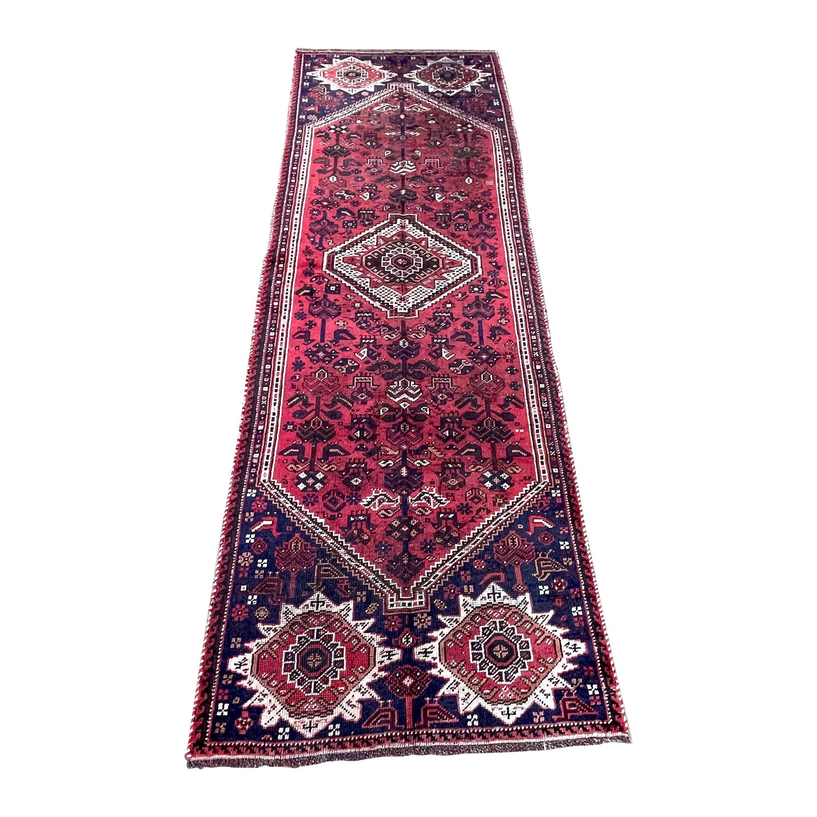 Caucasian Handwoven Runner 20th Century Wool Geometric Design 109 x 35: Caucasian Handwoven Runner 20th Century Wool Geometric Design 109 x 35 Experience the timeless elegance of this fine geometric Caucasian handwoven runner, a true masterpiece from the 20th century. Ins