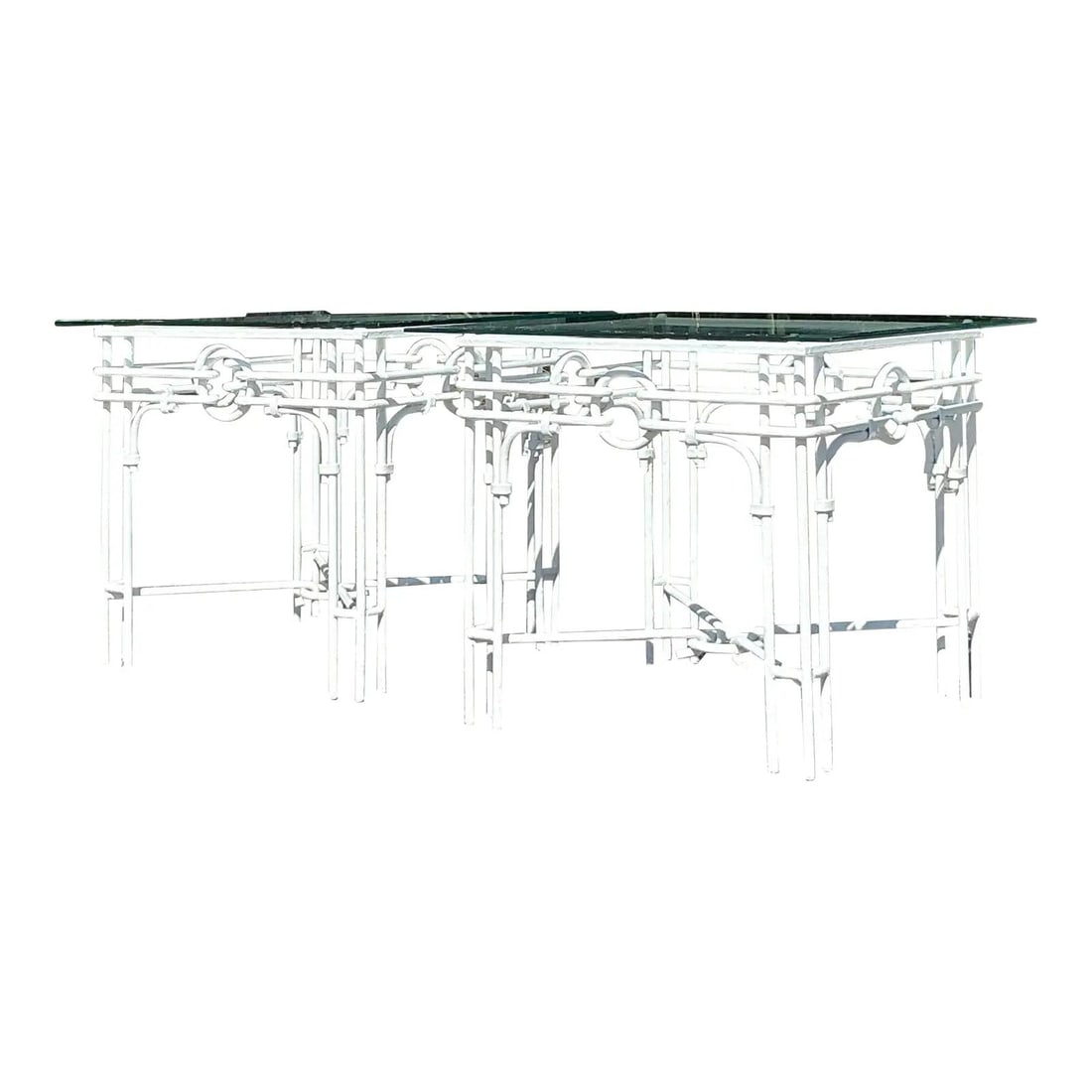 Elegant Vintage Regency Wrought Iron Side Tables Pair with Glass Tops: Elegant Vintage Regency Wrought Iron Side Tables Pair with Glass Tops Elevate your decor with this stunning pair of vintage Regency wrought iron side tables, designed to infuse a touch of Palm Beach e