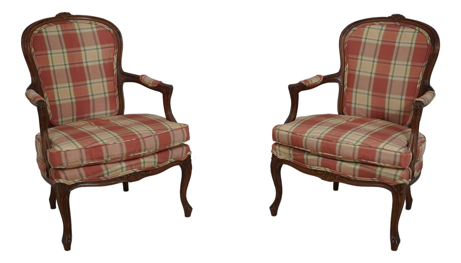 Elegant Pair of Vintage French Louis XV Bergere Chairs: Elegant Pair of Vintage French Louis XV Bergere Chairs This elegant pair of Vintage French Louis XV Upholstered Bergere Chairs showcases fine carved details that reflect classic French style. Professi
