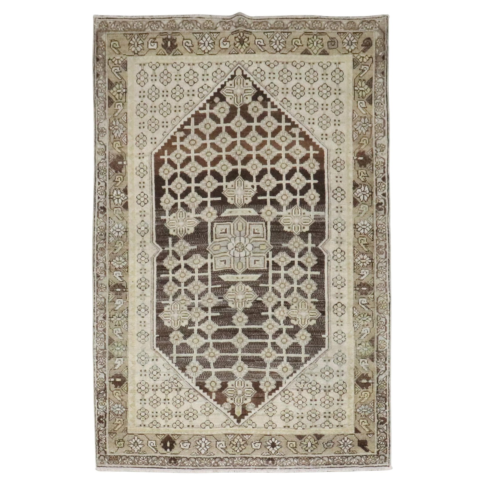 1930s Brown Persian Malayer Hand-Knotted Wool Rug 3'5 x 5': 1930s Brown Persian Malayer Hand-Knotted Wool Rug 3'5 x 5' Enhance your space with this exquisite Zabihi Collection Brown Persian Malayer Small Rug, a stunning piece that embodies rustic charm. This h