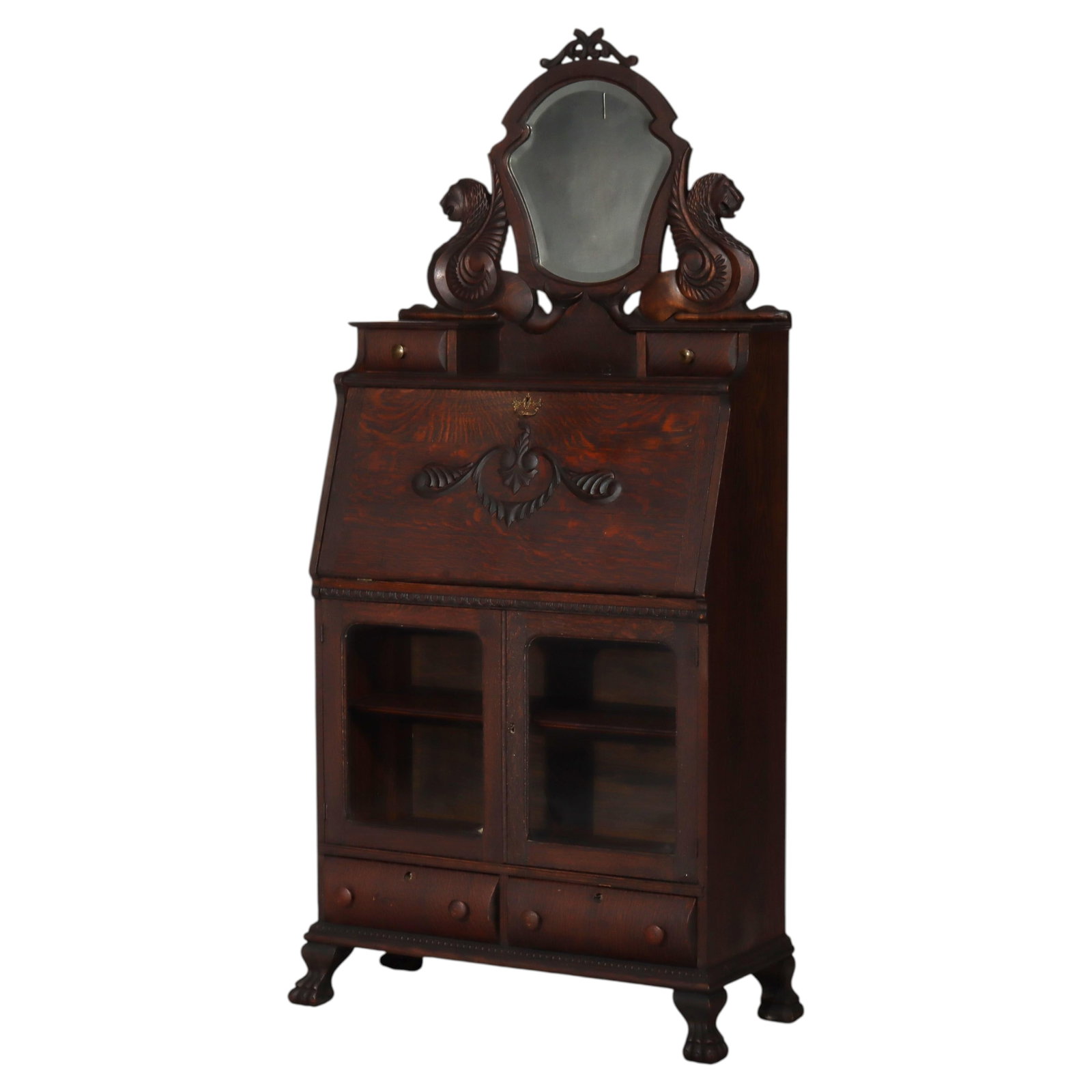 Antique Oak Secretary Desk With Carved Griffins Mirror and Glass Cabinet c1900 (1 of 18)