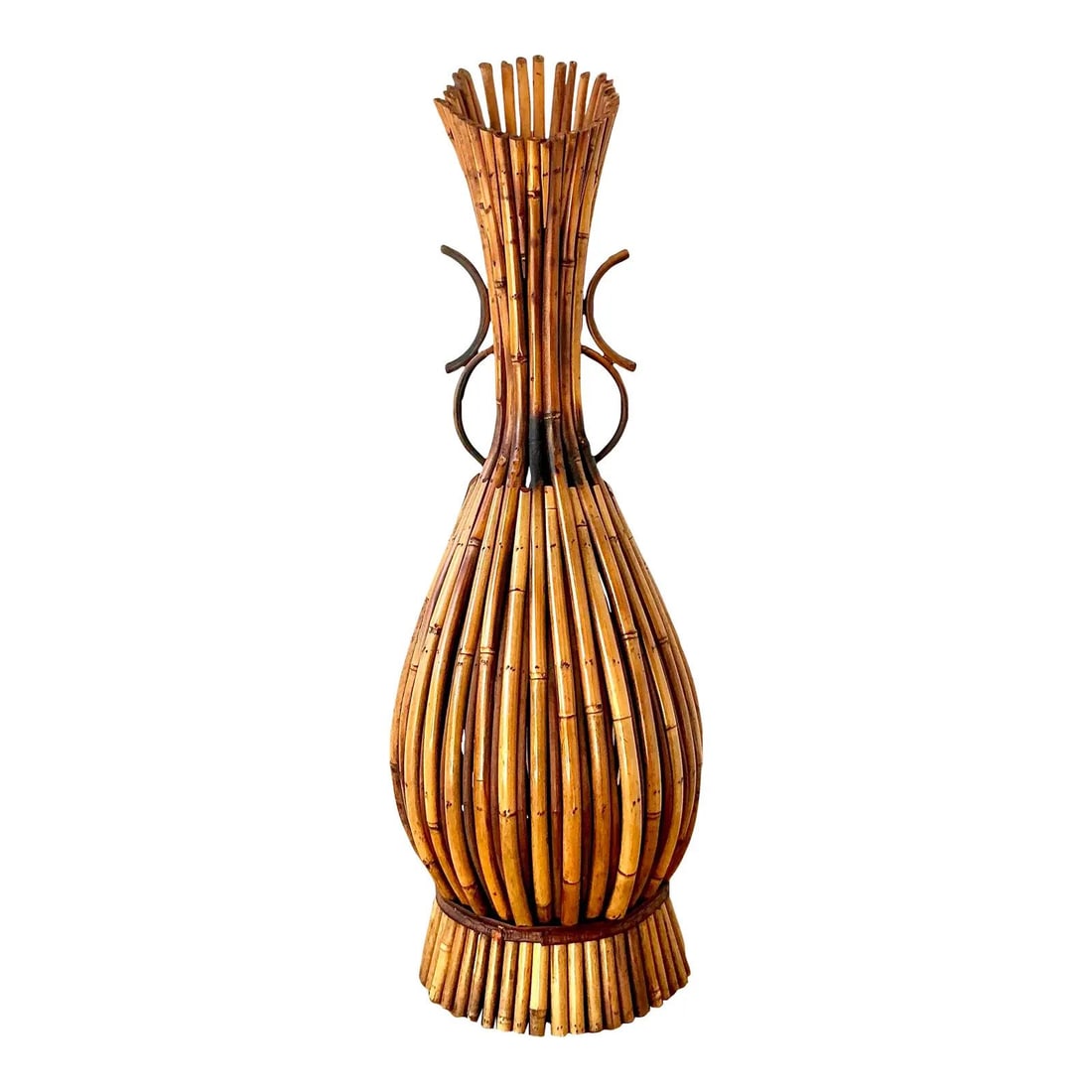 Monumental 1970s Bent Bamboo and Rattan Amphora Floor Vase: Monumental 1970s Bent Bamboo and Rattan Amphora Floor Vase This vintage boho floor vase exemplifies Organic Modern design from the 1970s, handcrafted from natural bent bamboo, rattan, and pencil reed.