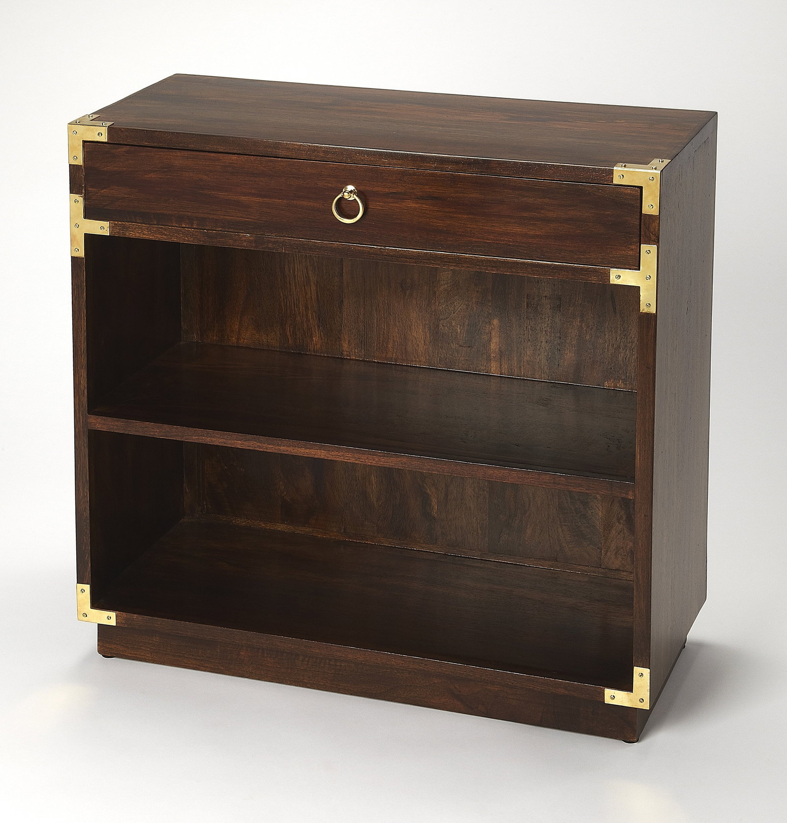 Butler Campaign Style Mango Wood Bookcase with Brass Hardware: Butler Campaign Style Mango Wood Bookcase with Brass Hardware This stunning Mango Wood Bookcase combines a rich dark brown finish with elegant brass hardware, making it a perfect addition to any room.