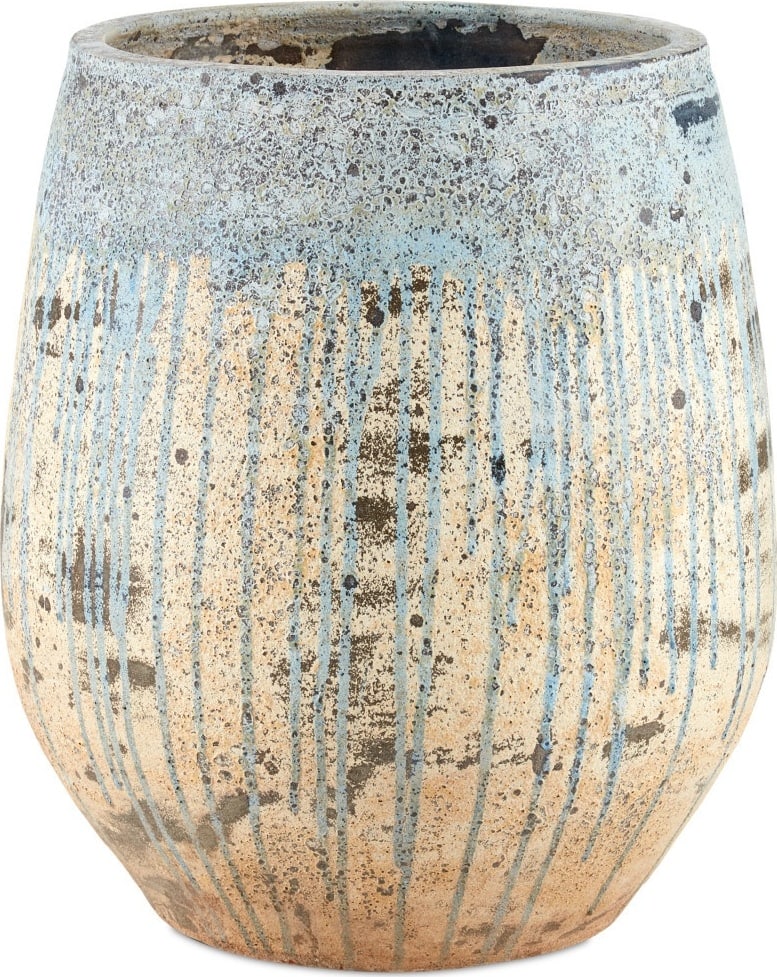 Currey Sicilia White Blue Drip Terracotta Planter: Currey Sicilia White Blue Drip Terracotta Planter Enhance your garden or indoor space with the Sicilia Terracotta Planter, designed to evoke a charming antique or vintage aesthetic. This medium-sized 