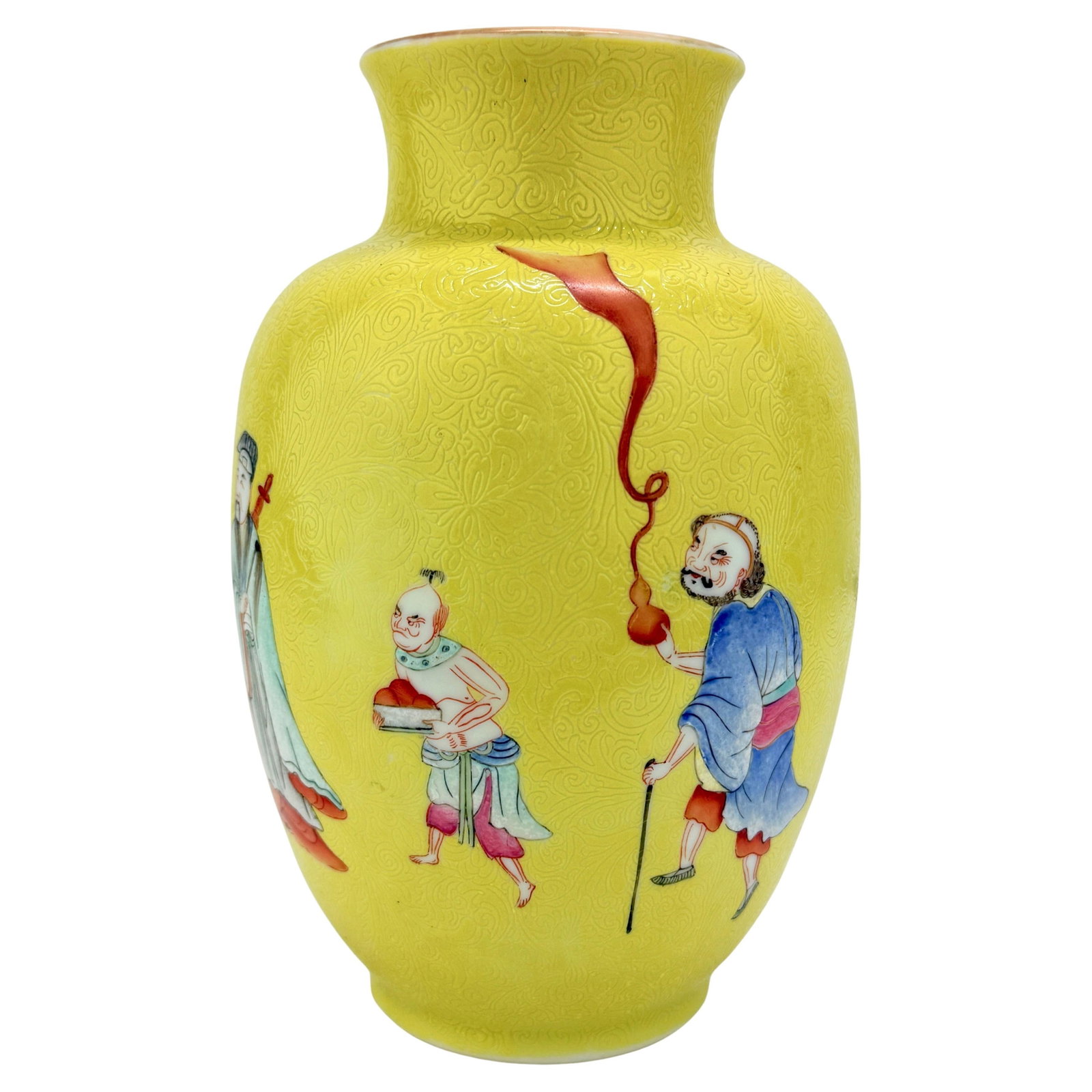Chinese Republic Period Porcelain Vase Yellow Enamel Immortals Scene: Chinese Republic Period Porcelain Vase Yellow Enamel Immortals Scene This exquisite Chinese porcelain vase, likely from the Republic period (early to mid-20th century), features a vibrant lemon-yellow