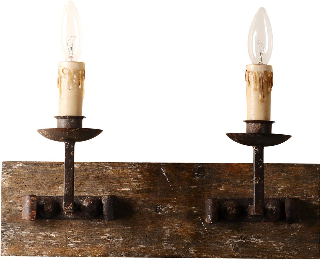Terracotta Glorenza Rustic Gothic Double Sconce Iron Wood 2 Bulb E12: Terracotta Glorenza Rustic Gothic Double Sconce Iron Wood 2 Bulb E12 Illuminate your space with the Glorenza Iron and Wood Double Sconce, a stunning piece that blends rustic charm with gothic elegance