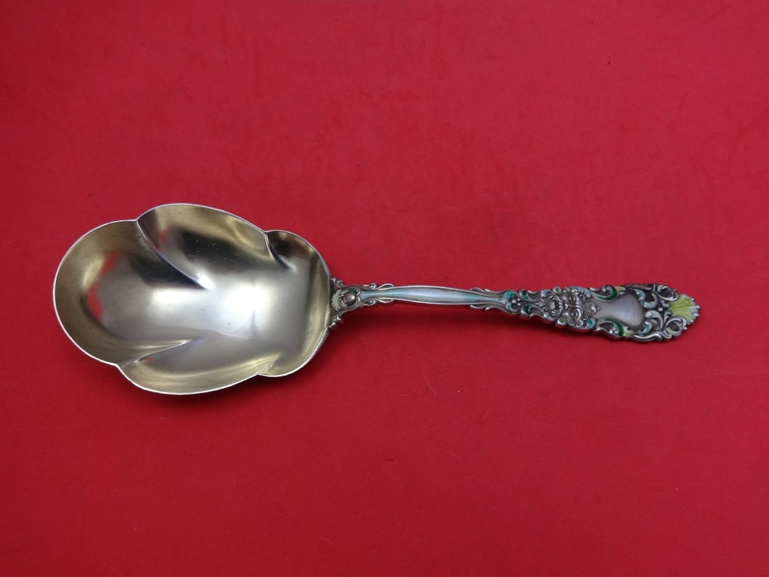 Dominick & Haff Renaissance Sterling Silver 9 Inch Berry Spoon with Enamel: Dominick & Haff Renaissance Sterling Silver 9 Inch Berry Spoon with Enamel This exquisite berry spoon from the renowned Renaissance pattern by Dominick & Haff is crafted from sterling silver and featu