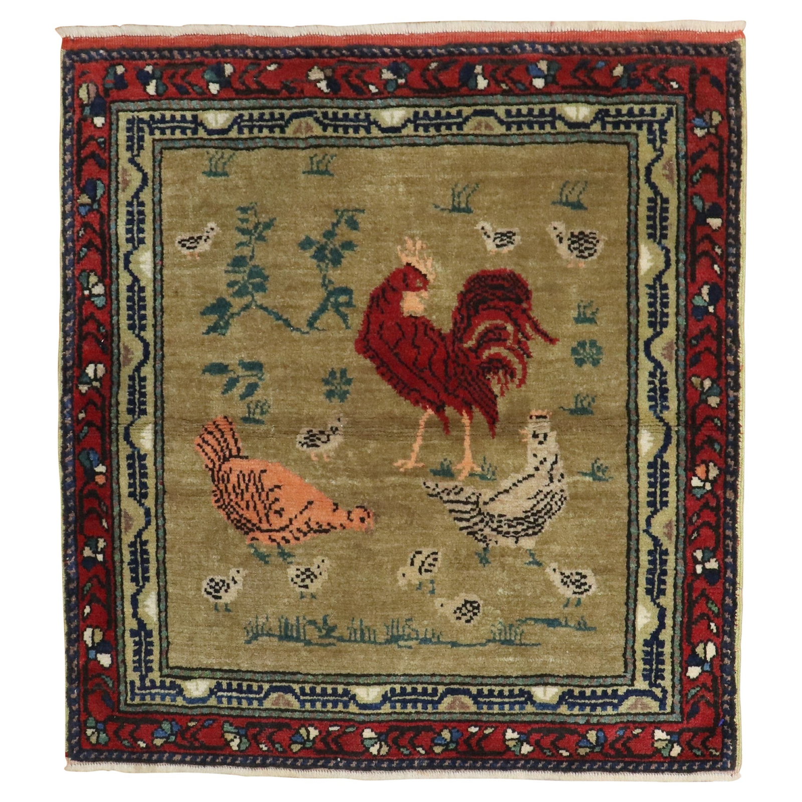 Vintage Turkish Square Rug Chicken Rooster Folk Art 34 in: Vintage Turkish Square Rug Chicken Rooster Folk Art 34 in This vintage Turkish square rug from the Zabihi Collection features a charming folk art design depicting a chicken and rooster set against a w