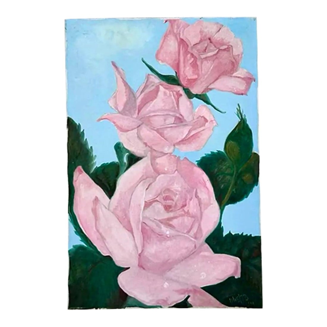 Romantic Rose Still Life Oil Painting on Canvas with Bohemian Style: Romantic Rose Still Life Oil Painting on Canvas with Bohemian Style This vintage floral still life oil painting features three large pink roses set against a pale blue background. The artist's use of 