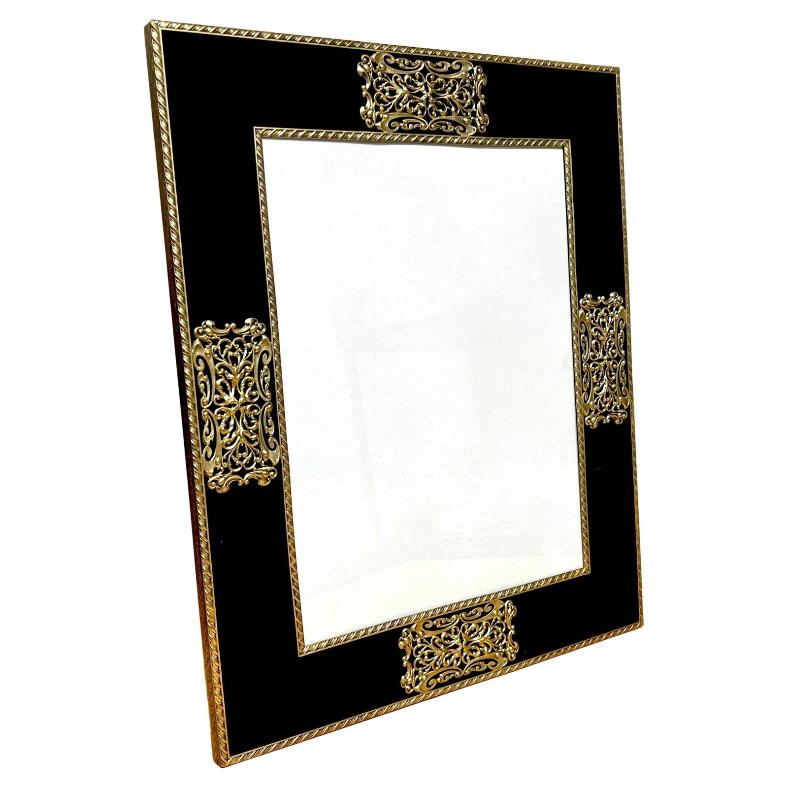 French Art Deco Gilt Bronze Picture Frame with Black Enameled Glass: French Art Deco Gilt Bronze Picture Frame with Black Enameled Glass This stunning French Art Deco picture frame from the 1930s features a luxurious gilt bronze construction paired with black enameled 