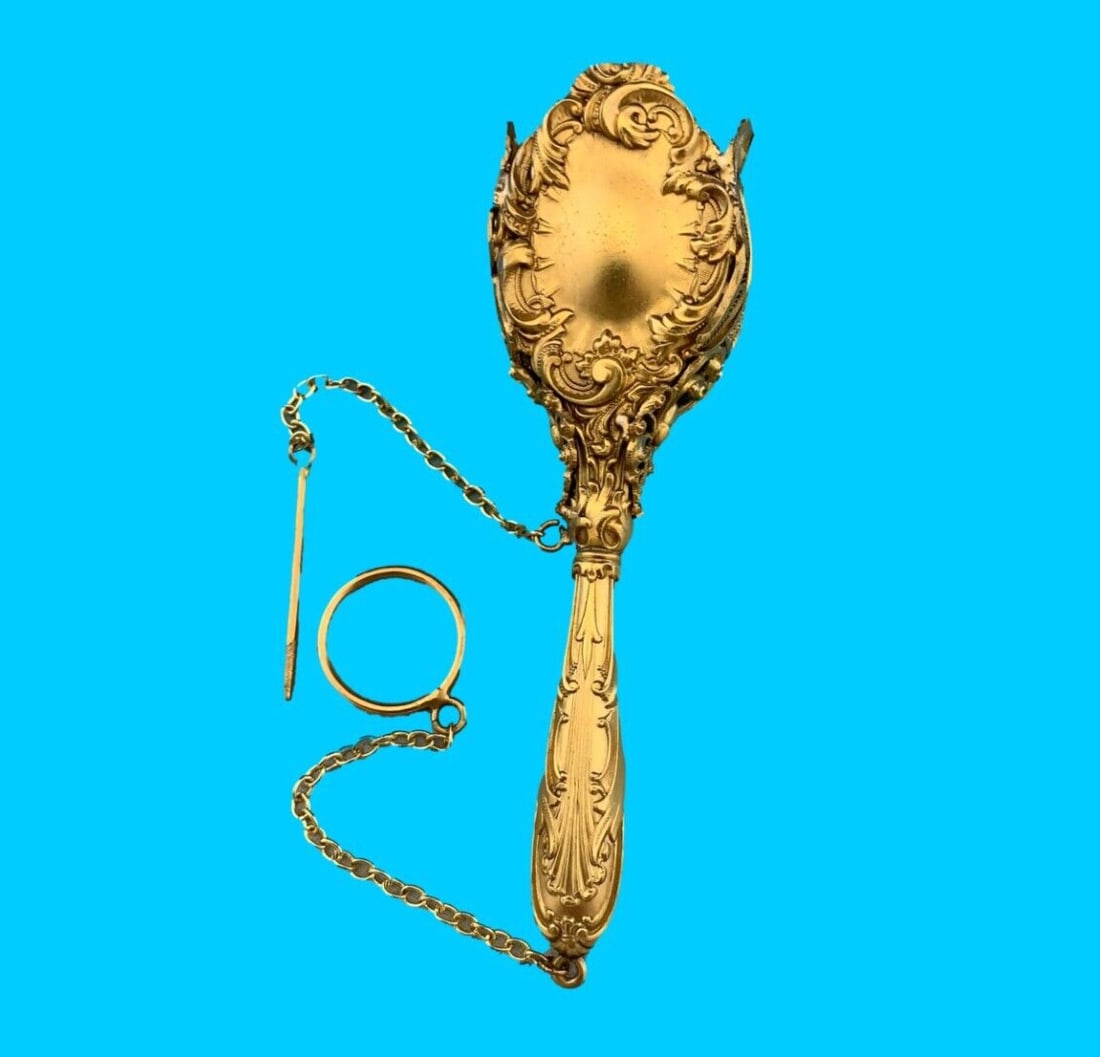 Victorian Vermeil Gilt Sterling Tussie Mussie Posey Holder 4 1/4 Inch: Victorian Vermeil Gilt Sterling Tussie Mussie Posey Holder 4 1/4 Inch This exquisite Vermeil Gilt Sterling Tussie Mussie Posey Holder showcases intricate filigree work resembling a lyre harp on two si