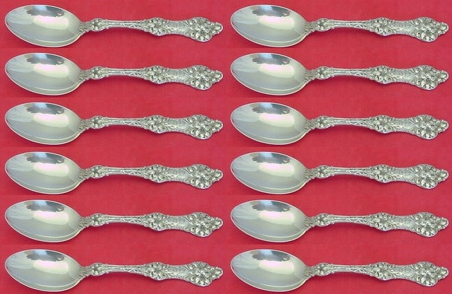 Alvin Gorham Old Orange Blossom Sterling Silver Teaspoon Set 12pc: Alvin Gorham Old Orange Blossom Sterling Silver Teaspoon Set 12pc This exquisite set of 12 teaspoons features the elegant Old Orange Blossom pattern by Alvin / Gorham, crafted from high-quality sterli