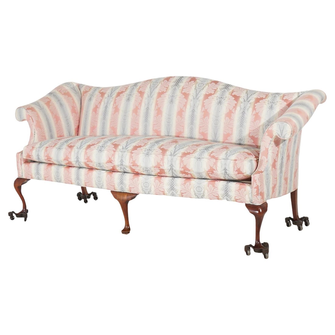 Vintage J. M. Walton Queen Anne Camel Back Sofa Floral Upholstery 20th Century: Vintage J. M. Walton Queen Anne Camel Back Sofa Floral Upholstery 20th Century This Vintage J. M. Walton Queen Anne Camel Back Upholstered Sofa showcases the timeless elegance of the 20th century. Fea