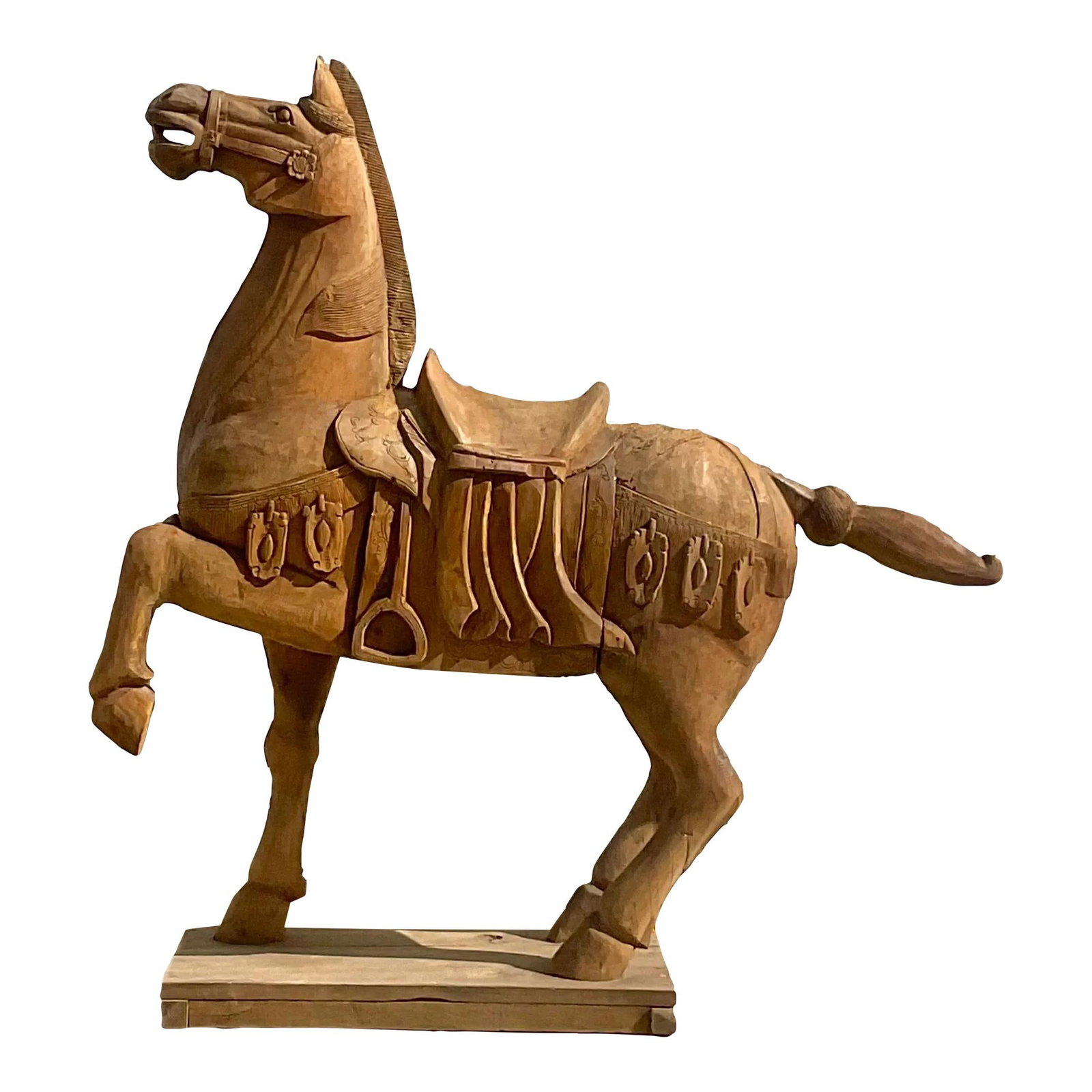 Monumental Vintage Boho Carved Wooden Horse in Chocolate: Monumental Vintage Boho Carved Wooden Horse in Chocolate This stunning vintage Boho carved wooden horse is a true statement piece, showcasing exceptional craftsmanship with intricate hand-carved detai