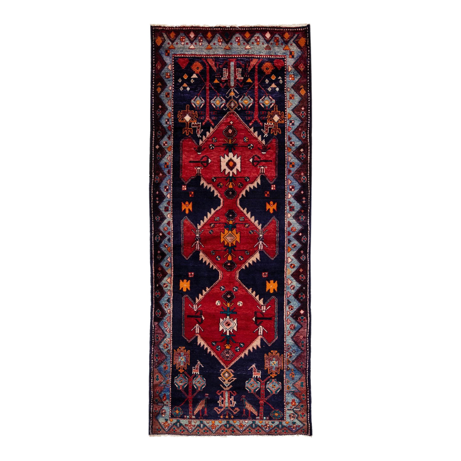 1960s Handmade Persian Hamadan Wool Runner Geometric Design Navy Blue 3'6 x 9'2: 1960s Handmade Persian Hamadan Wool Runner Geometric Design Navy Blue 3'6 x 9'2 This exquisite vintage Persian Hamadan runner showcases a stunning hand-knotted wool construction in a rich navy blue co