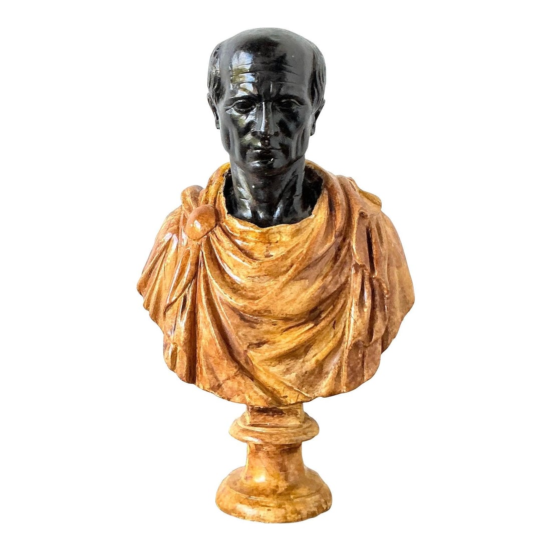 Neoclassical Plaster Male Portrait Bust with Ebonized and Gilt Accents: Neoclassical Plaster Male Portrait Bust with Ebonized and Gilt Accents This vintage plaster bust features a detailed male portrait in a Neoclassical style, inspired by the 18th-century Grand Tour. The