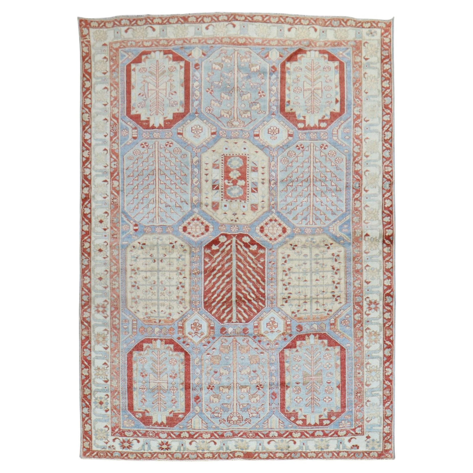 Vintage Sky Blue Persian Bakhtiari Hand-Woven Wool Rug 4'11" x 6'8" Iran 1940s: Vintage Sky Blue Persian Bakhtiari Hand-Woven Wool Rug 4'11" x 6'8" Iran 1940s This stunning Sky Blue Persian Bakhtiari Rug features a captivating design set against a sky blue ground. Hand-woven from