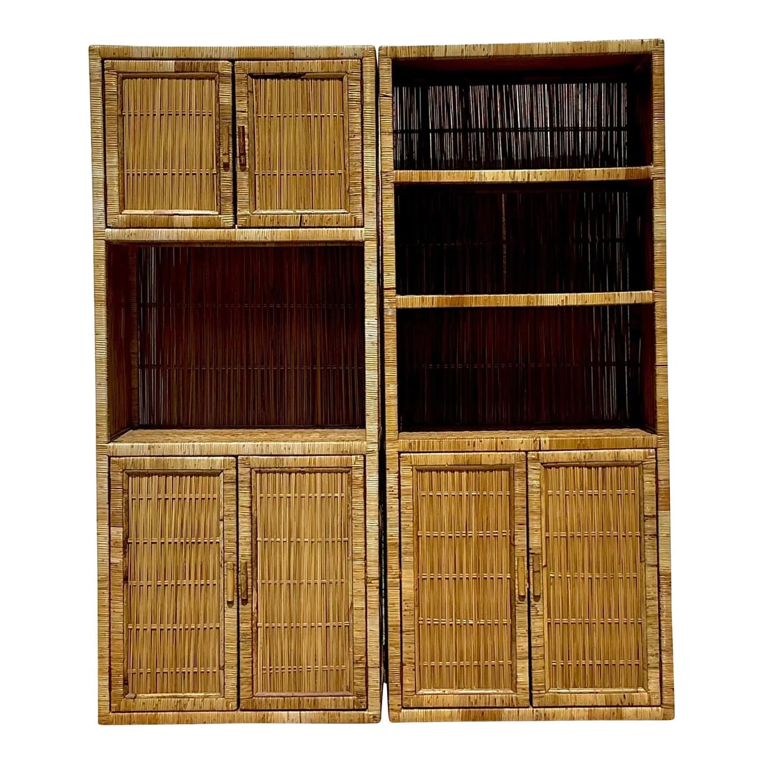 Pair of Vintage Coastal Rattan Etagere 30.25 x 18.25 x 72.25: Pair of Vintage Coastal Rattan Etagere 30.25 x 18.25 x 72.25 Embrace the charm of coastal living with this pair of Vintage Coastal Rattan Etagere. Expertly crafted from rattan, these etageres feature 
