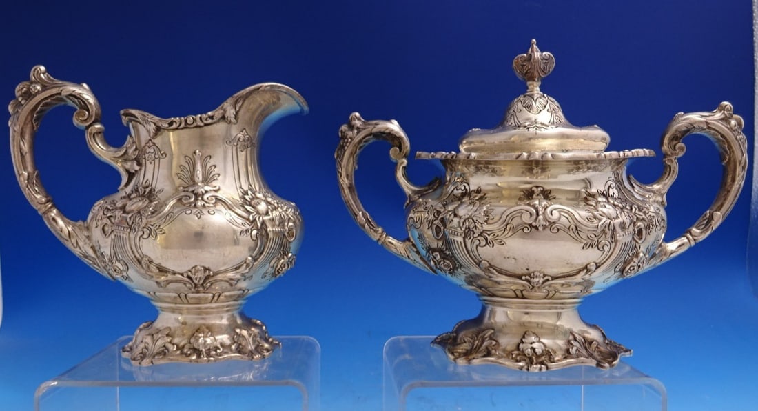 Two Piece Sterling Silver Sugar and Creamer in Francis I Pattern: Two Piece Sterling Silver Sugar and Creamer in Francis I Pattern This Reed & Barton Francis I sterling silver set includes a sugar bowl with lid and a creamer featuring a gold washed interior. Known f