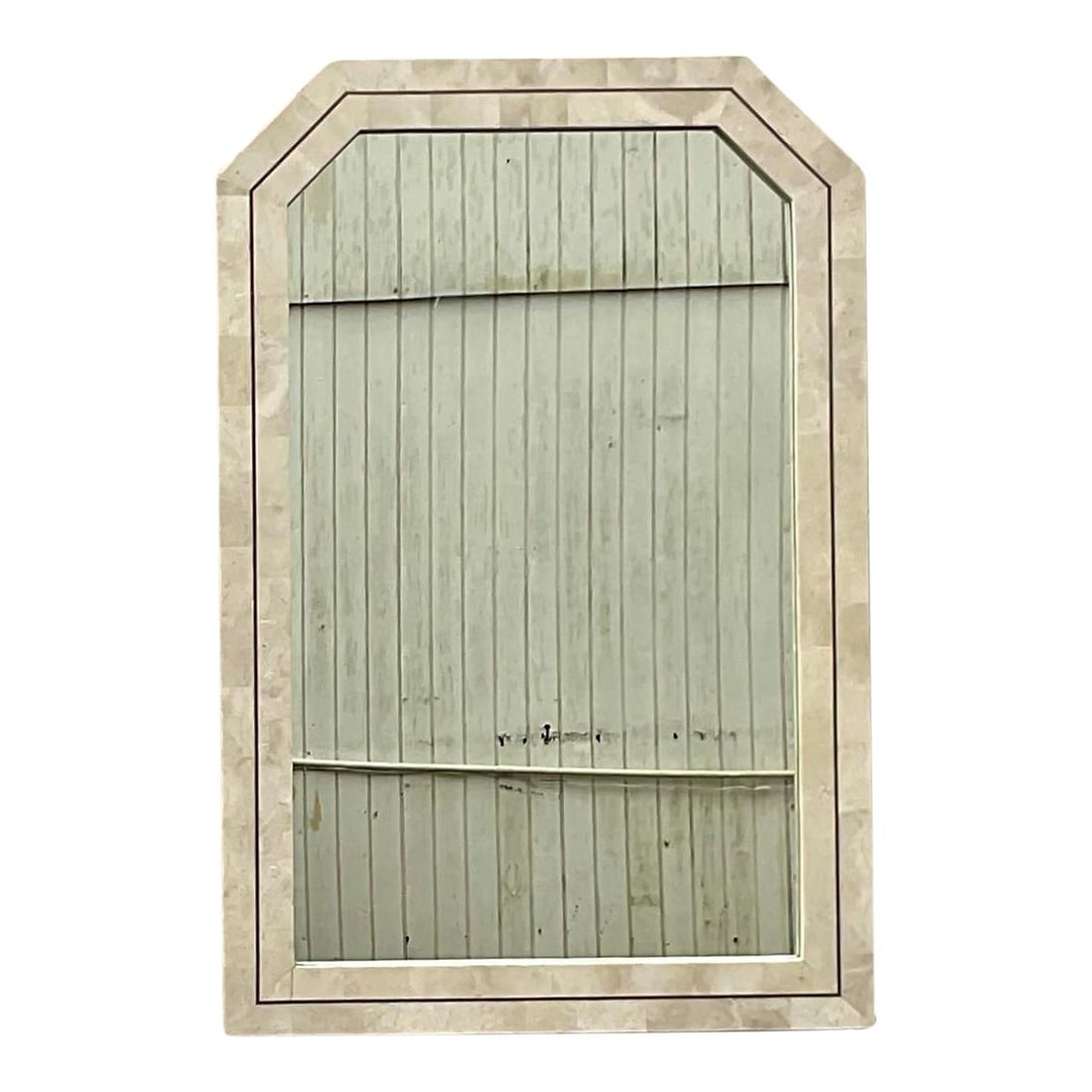 Vintage Coastal Notched Corner Mirror in Tessellated Stone: Vintage Coastal Notched Corner Mirror in Tessellated Stone This stunning vintage Coastal wall mirror features a chic notched corner design crafted from tessellated stone with an elegant inlay brass st