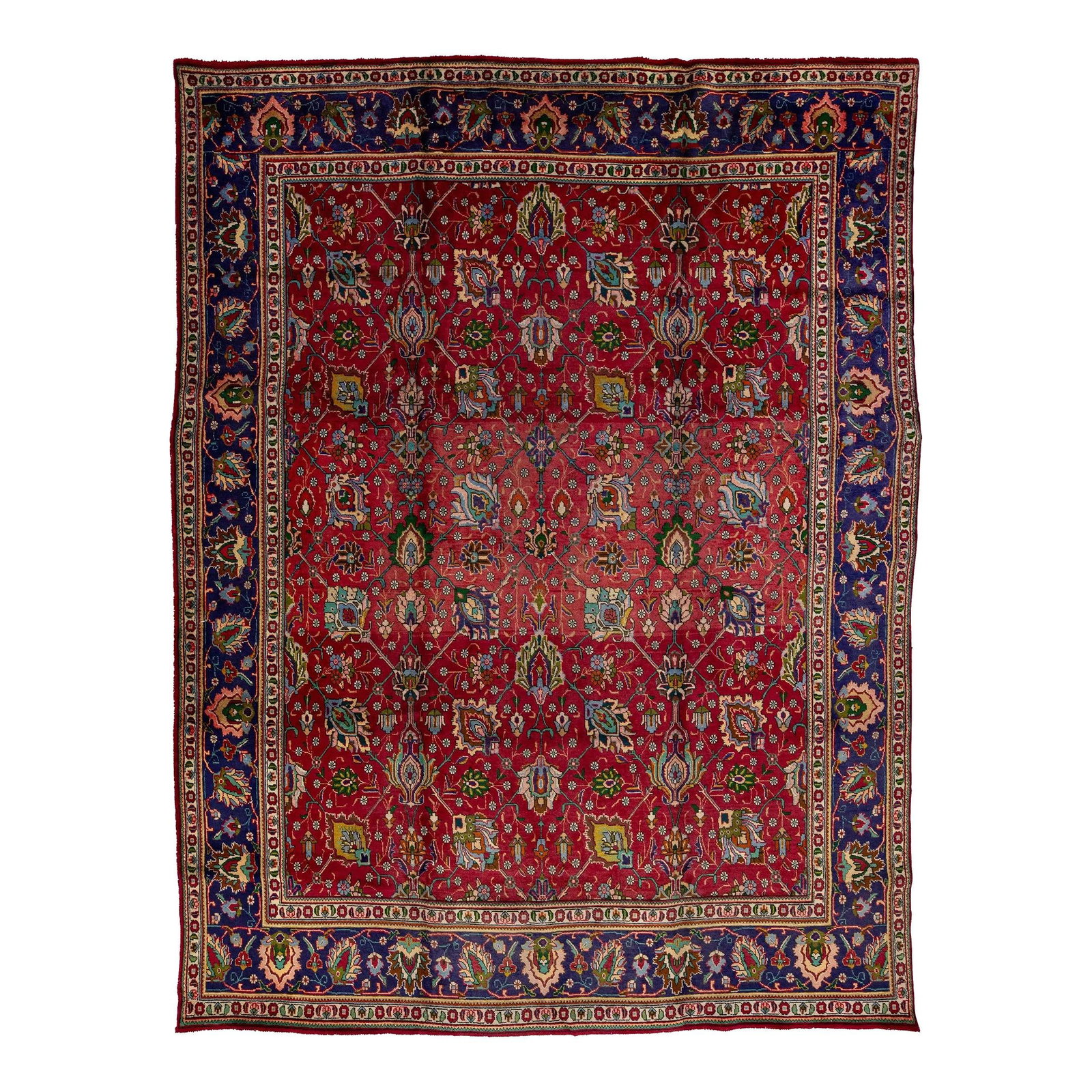 Hand-Knotted Vintage Tabriz Wool Rug Red 9'8 x 12'8: Hand-Knotted Vintage Tabriz Wool Rug Red 9'8 x 12'8 Enhance your space with this stunning vintage Persian Tabriz wool rug, featuring a striking red field adorned with vibrant multicolored accents. Its