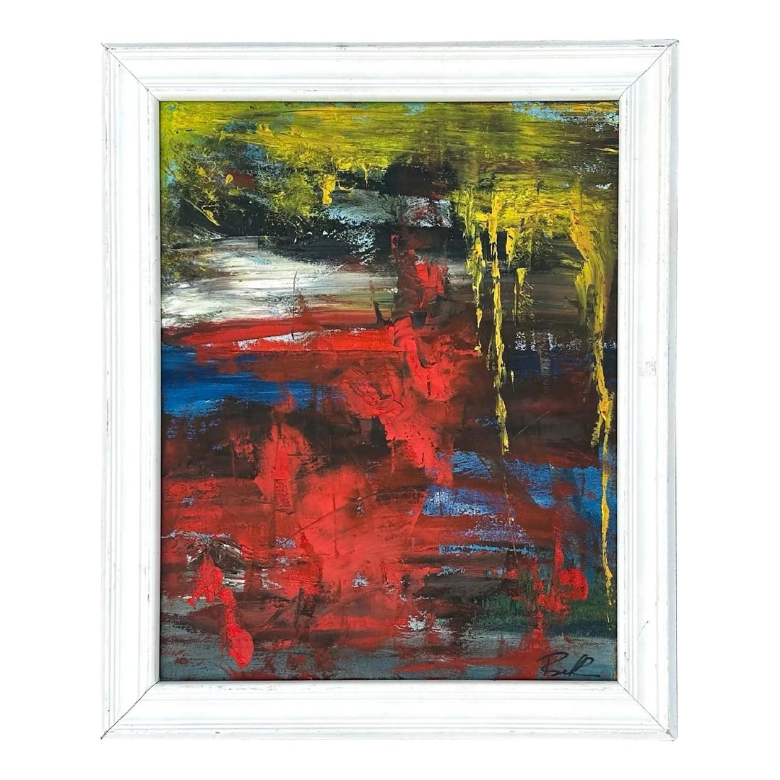 Bohemian Abstract Oil Painting on Canvas in White Wooden Frame: Bohemian Abstract Oil Painting on Canvas in White Wooden Frame This vintage boho abstract oil painting features bold brushstrokes in red, blue, and earthy tones accented with yellow. The textured oil 