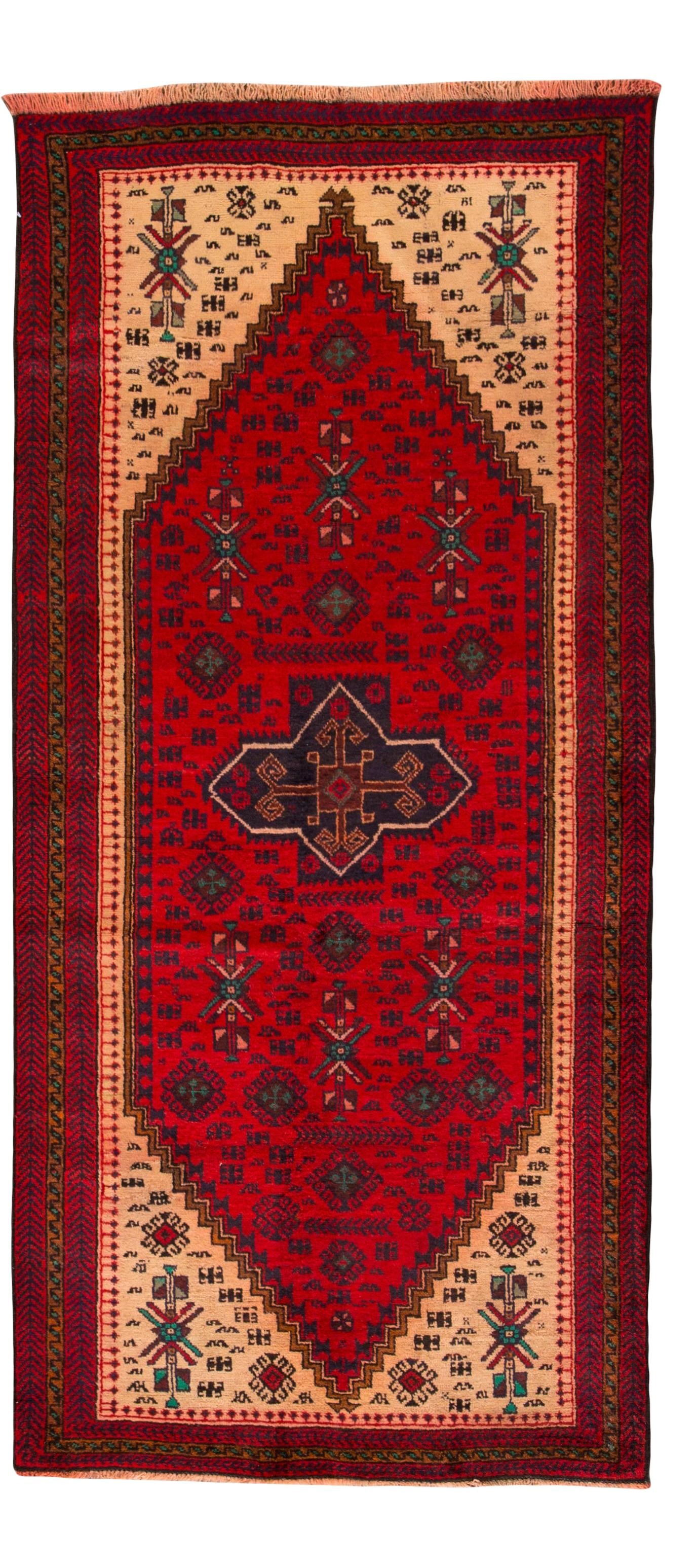 Vintage Handmade Red Wool Persian Rug 3'4 x 7'3 Geometric Design: Vintage Handmade Red Wool Persian Rug 3'4 x 7'3 Geometric Design Enhance your space with this stunning Vintage Handmade Wool Rug, featuring a vibrant all-over red field adorned with multi-color