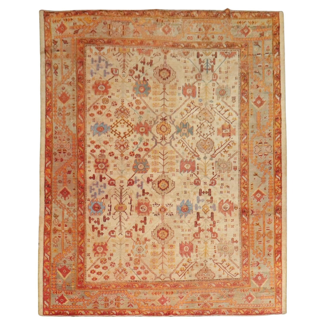 Late 19th Century Turkish Oushak Rug Hand-Woven Wool 98 x 118 in: Late 19th Century Turkish Oushak Rug Hand-Woven Wool 98 x 118 in Discover a stunning Late 19th Century Antique Turkish Oushak Rug, showcasing exquisite craftsmanship and timeless beauty. This hand-wov