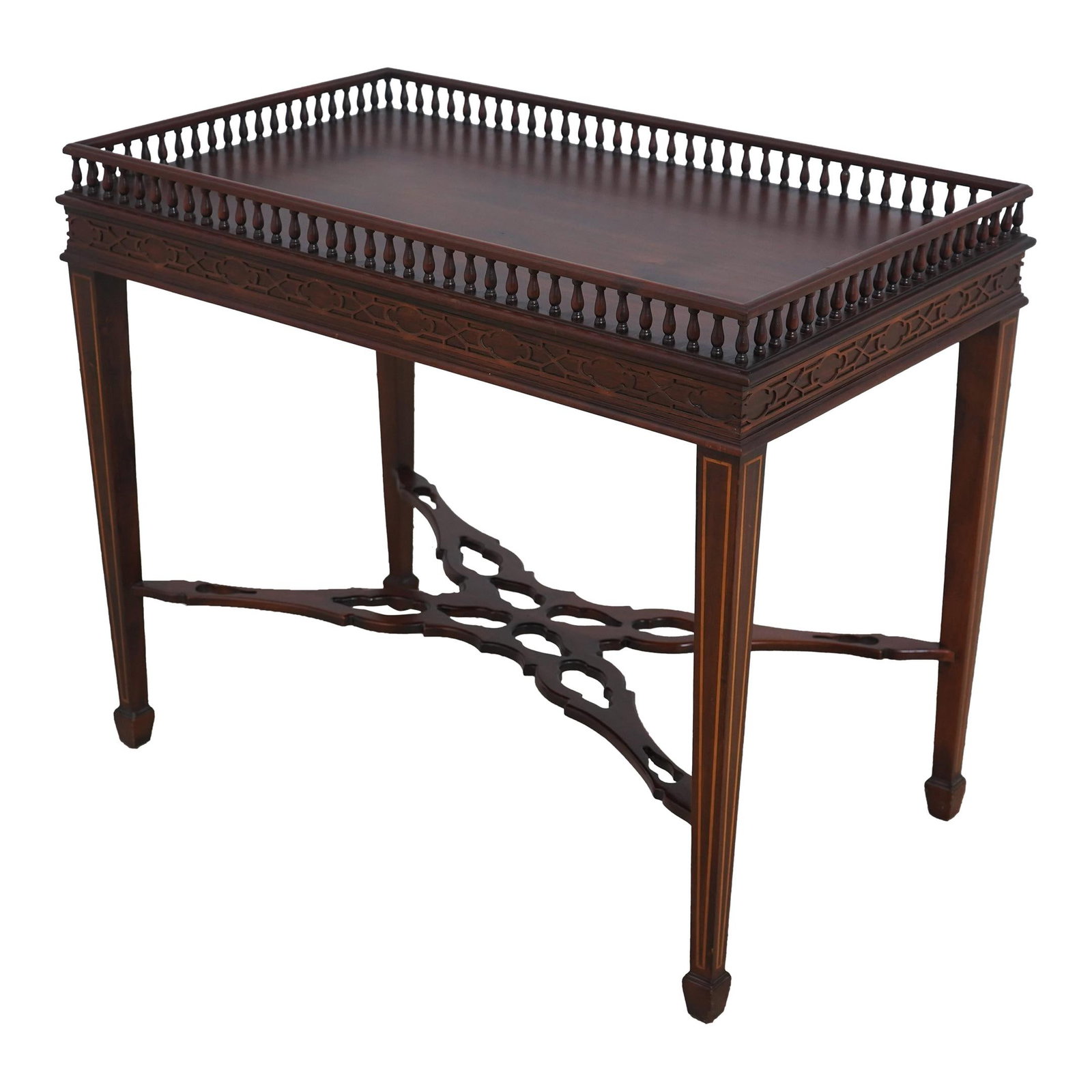 Chippendale Mahogany Tea Table with Inlay Work 18th Century Design: Chippendale Mahogany Tea Table with Inlay Work 18th Century Design This exquisite Chippendale style mahogany tea table showcases the elegance of 18th-century design. Crafted approximately 40 years ago