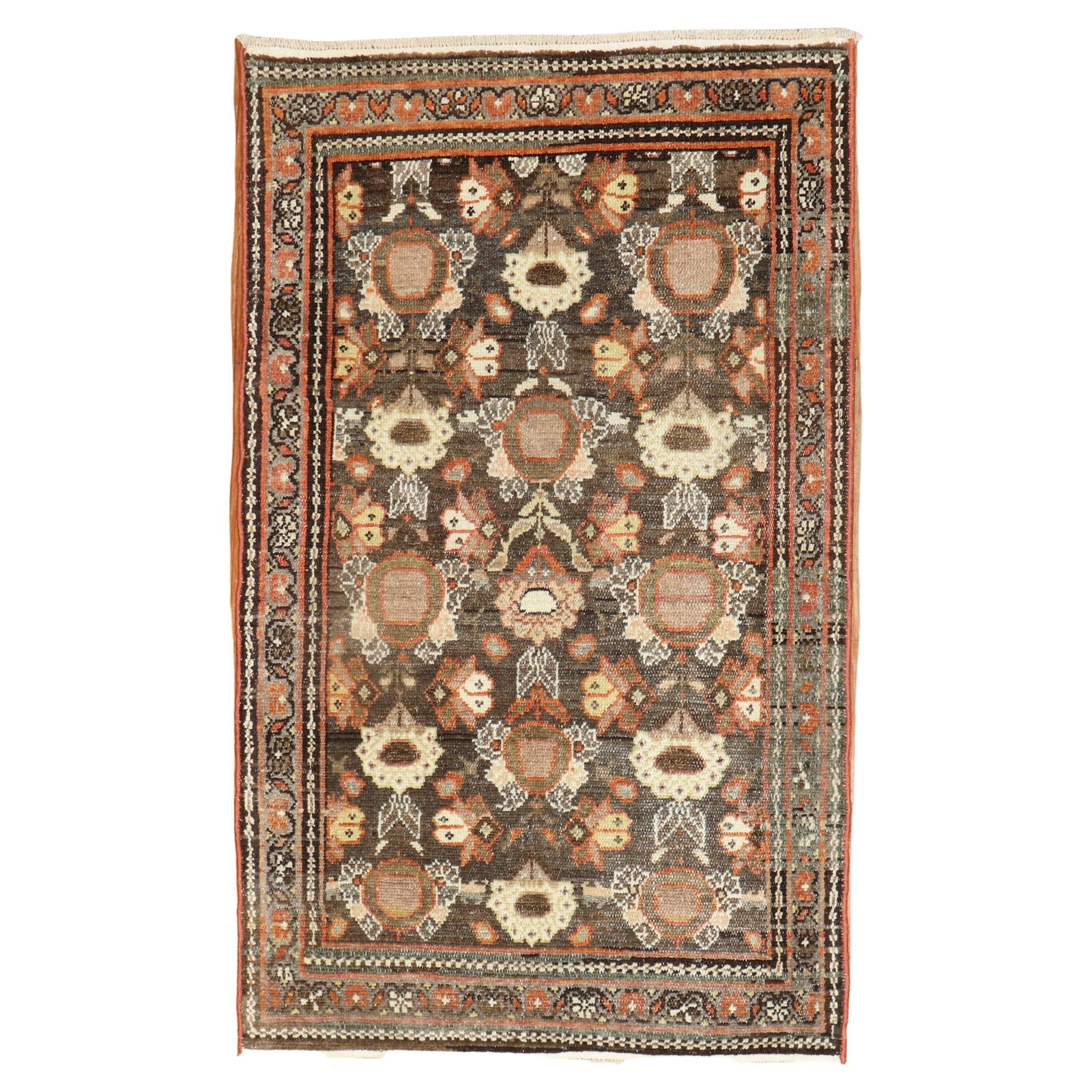 Zabihi Collection 1930s Brown Persian Mahal Throw Rug 28 x 45 Wool Sultanabad: Zabihi Collection 1930s Brown Persian Mahal Throw Rug 28 x 45 Wool Sultanabad Enhance your space with this exquisite Zabihi Collection Brown Persian Mahal Throw Rug, a stunning example of early 20th-c
