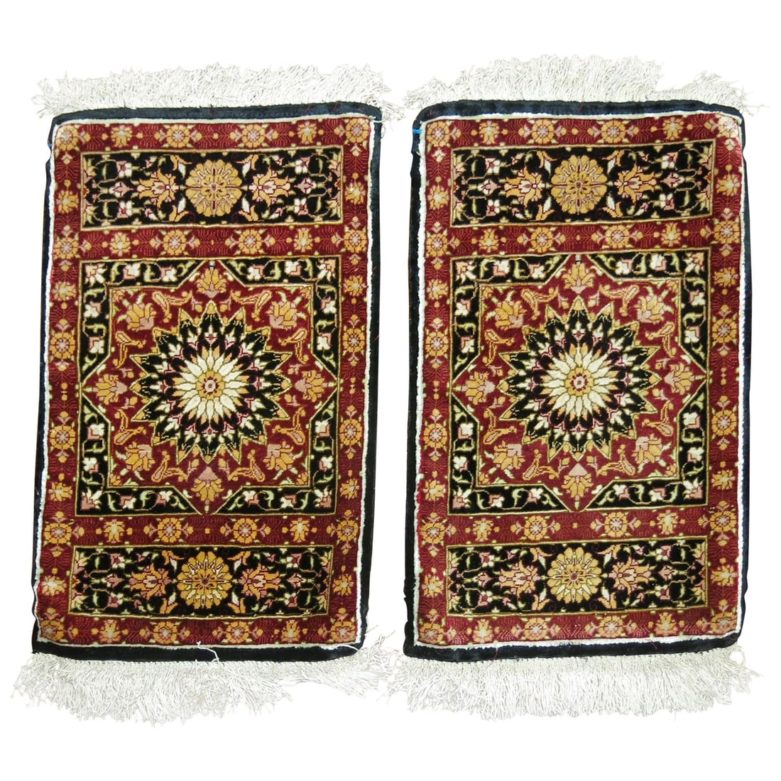 Zabihi Collection Set of 2 Silk Persian Mats Hand-Woven Islamic Design: Zabihi Collection Set of 2 Silk Persian Mats Hand-Woven Islamic Design This exquisite pair of silk Persian mats showcases the intricate artistry of Islamic design. Hand-woven in Iran during the late 2