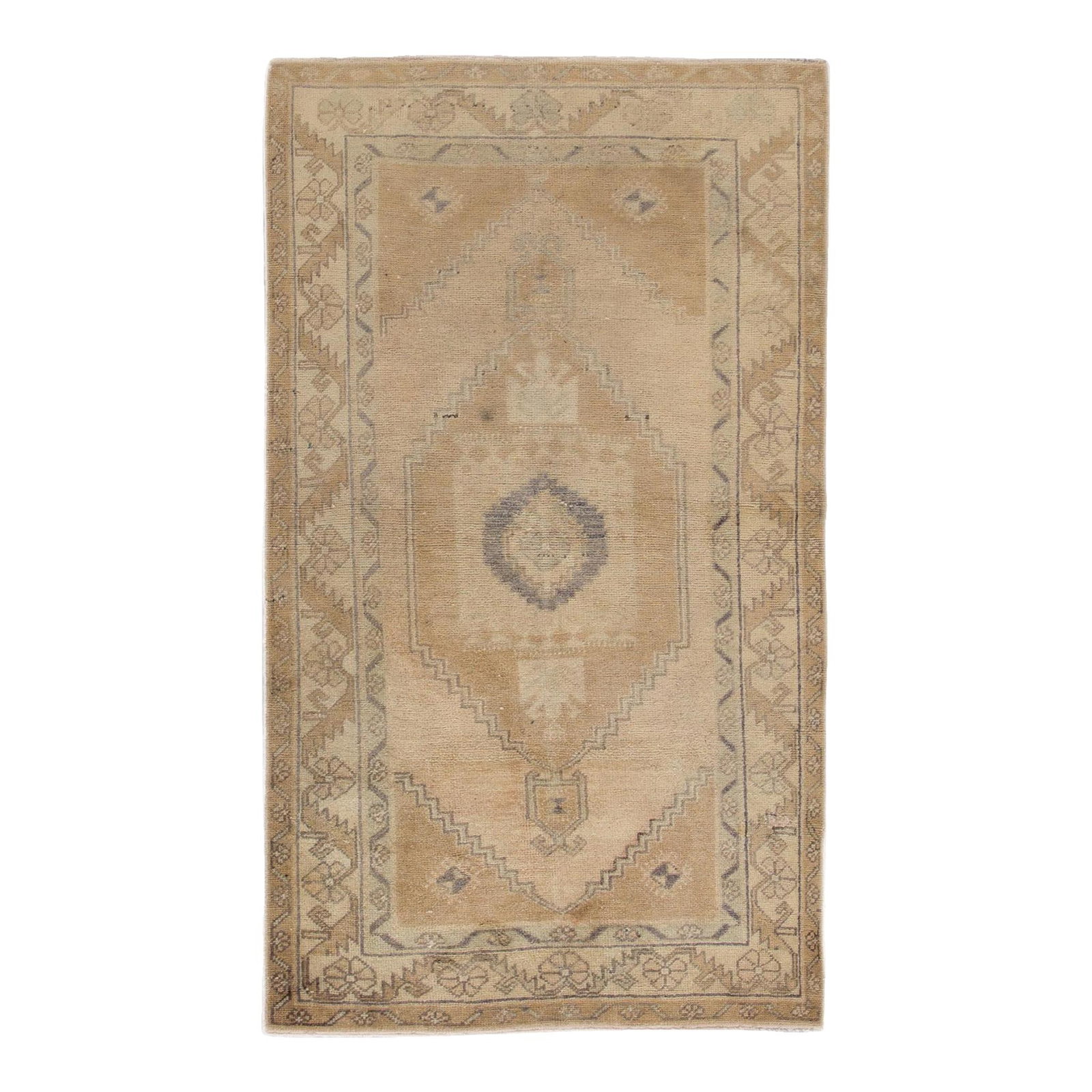 Vintage Khotan Handmade Beige Wool Rug with Geometric Medallion 6'2 x 3'6: Vintage Khotan Handmade Beige Wool Rug with Geometric Medallion 6'2 x 3'6 Discover the timeless elegance of this vintage Khotan hand-knotted wool rug, featuring a serene beige field adorned with a tan