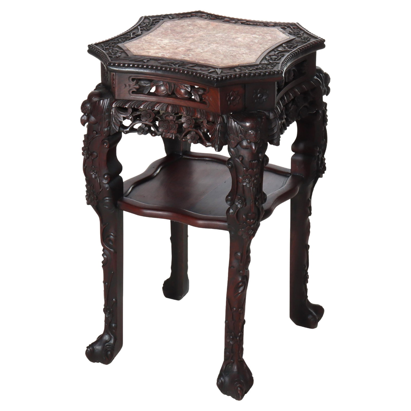 Chinese Rosewood Table with Floral Carving and Rouge Marble Inset Circa 1920 (1 of 12)